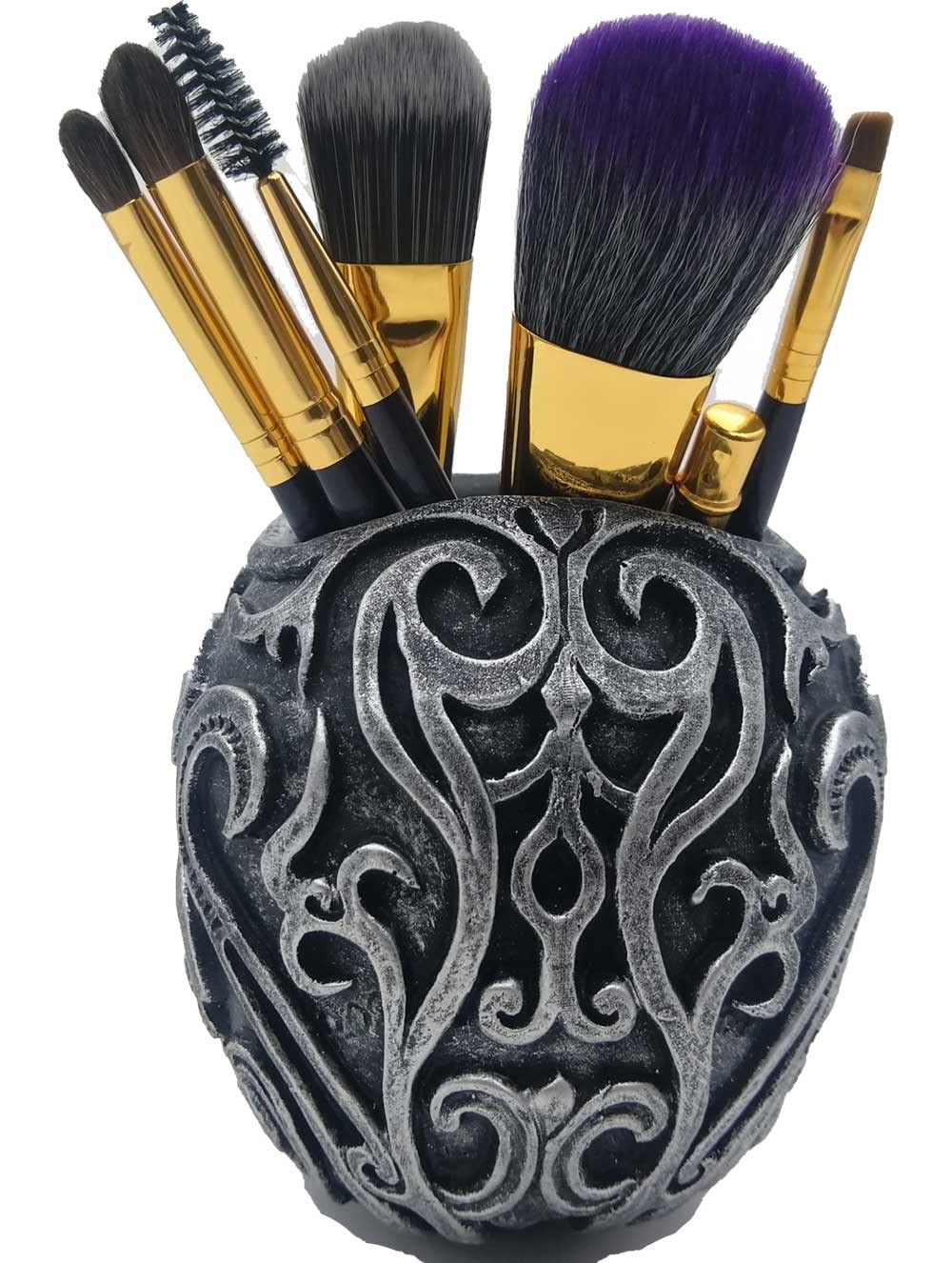 Gothic Skull Makeup Brush Holder & Pen Organizer - Durable Resin Vanity Decor for Home Office Desk, Succulent Planter & Makeup Accessory Storage (Silver) | Perfect for Gothic Decor, Makeup Artists & Dark Aesthetic Lovers