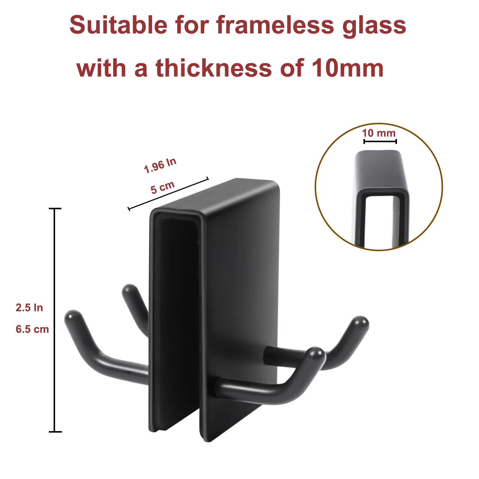 2 Pack Black Matte Nickel Shower Door Towel Hooks - 0.32-0.39in Frameless Glass Hanger for Bathroom Accessories, Razor, Squeegee, Loofah & Robe Holder - Perfect for Spa-Like Showers & Organized Bath Spaces
