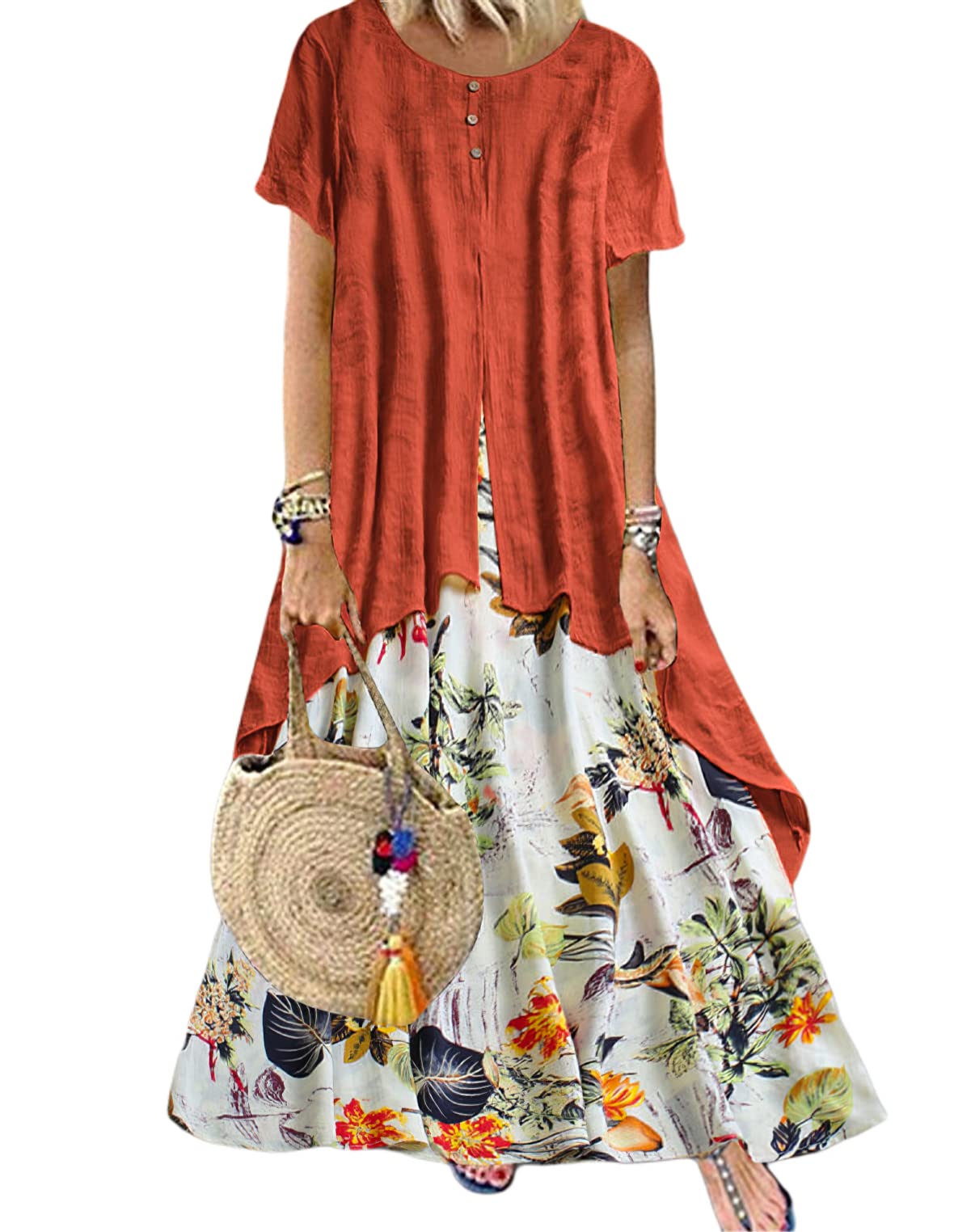 TIAFORD Women's Cotton Linen Floral Print Maxi Dress with Pockets - Casual Loose Long Dress, Crew Neck Fake Two Piece Design for Summer, Beach, Vacation & Everyday Wear