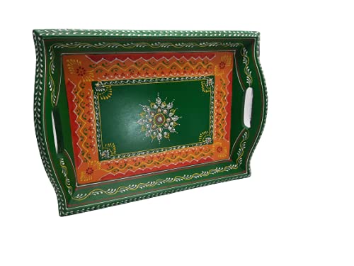 Handmade Wooden Serving Tray with Meenakari Art - Set of 3 for Kitchen, Dining & Home Decor