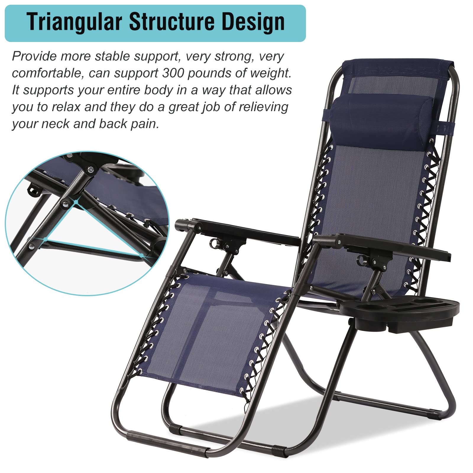 Premium Zero Gravity Lounge Chair Set of 2 - Adjustable Outdoor Recliners with Pillow & Utility Tray - Patio, Poolside, Beach, Camping & Deck Chairs - Perfect for Relaxing, Sunbathing & Backyard Lounging (Blue)