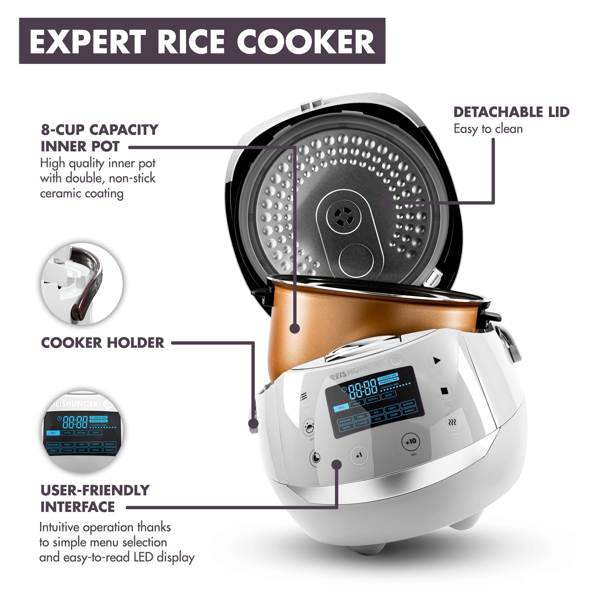 Premium Reishunger Digital Rice Cooker & Steamer - 8 Cup Capacity with 12 Smart Programs & 7-Phase Cooking Technology - Perfect for Brown Rice, White Rice, Soups, Grains & Oatmeal - Ideal for Families (1-8 People) - Great for Meal Prep, Healthy Cooking & Busy Households - White