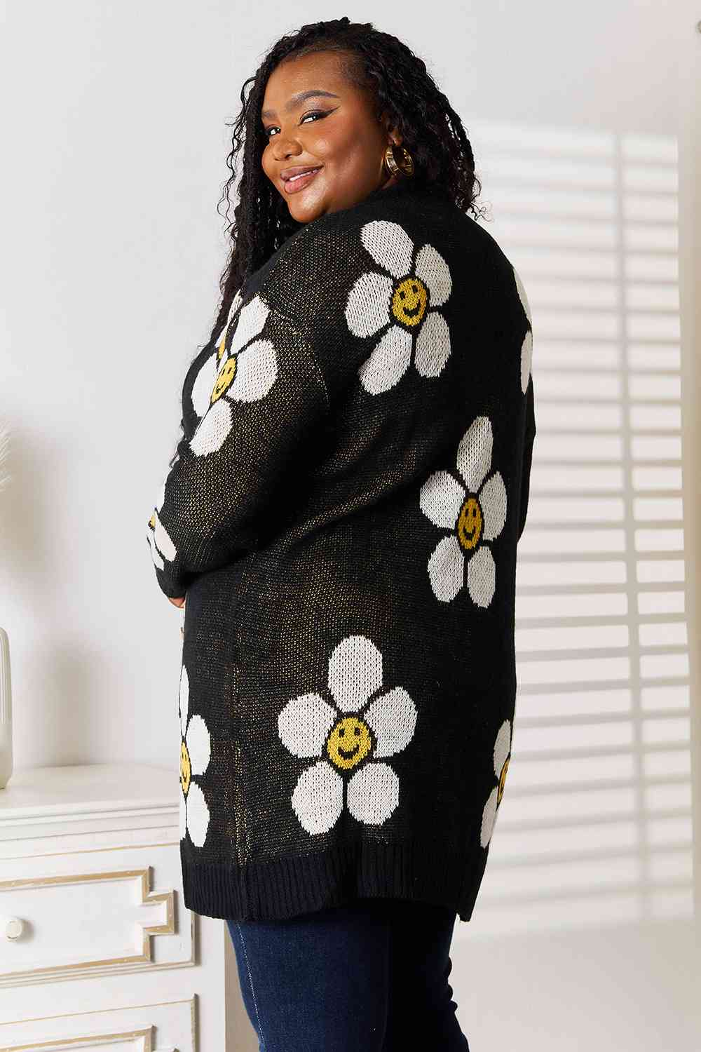 Black Smiley Face Floral Button Down Longline Cardigan for Women - Cute & Stylish Open Front Sweater for Casual Outfits, Date Nights & Layering