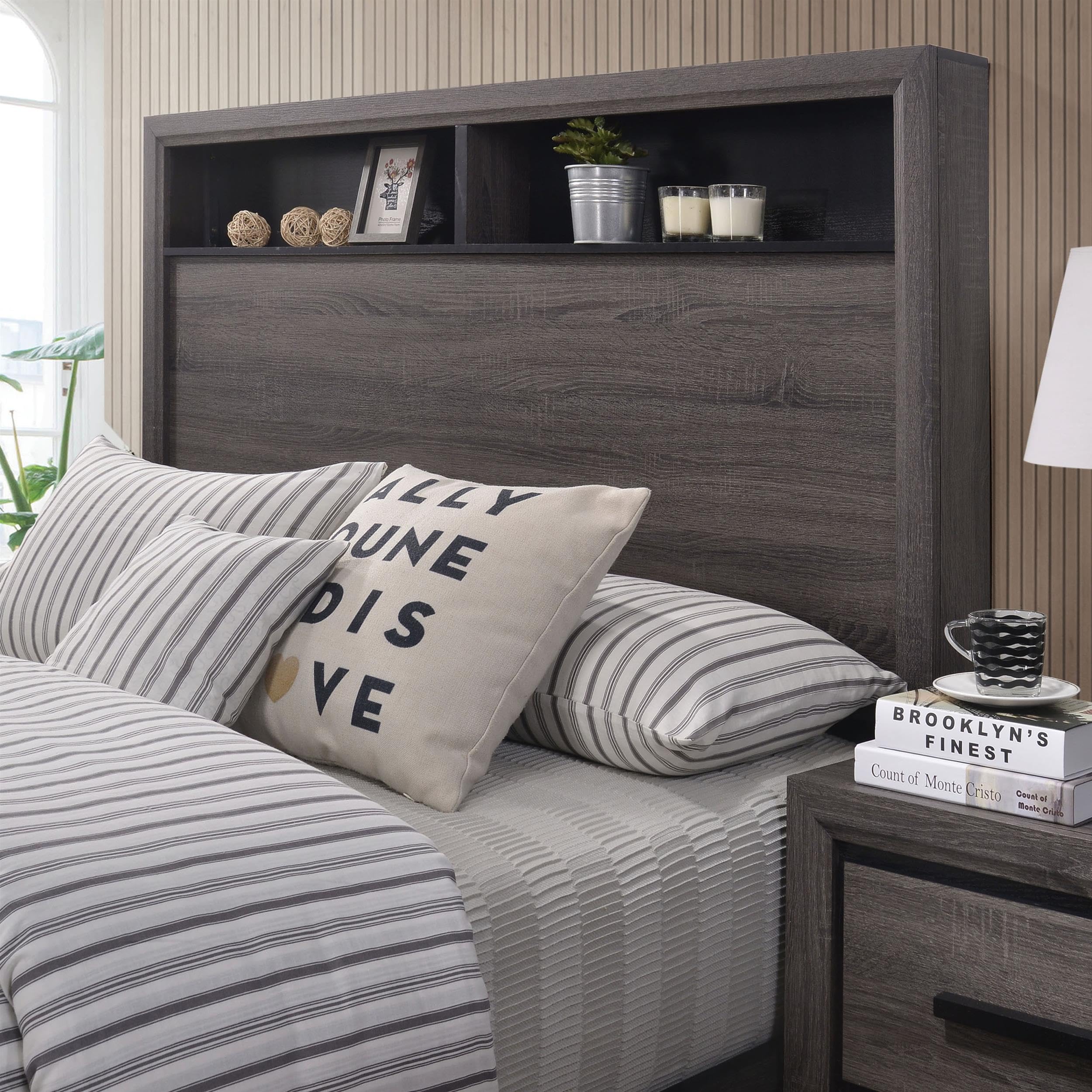 Furniture of America FOA Drummond 3-Piece Gray Wood Panel Bedroom Set - King Size Bed with 2 Nightstands | Modern Bedroom Furniture for Master Suite & Guest Room