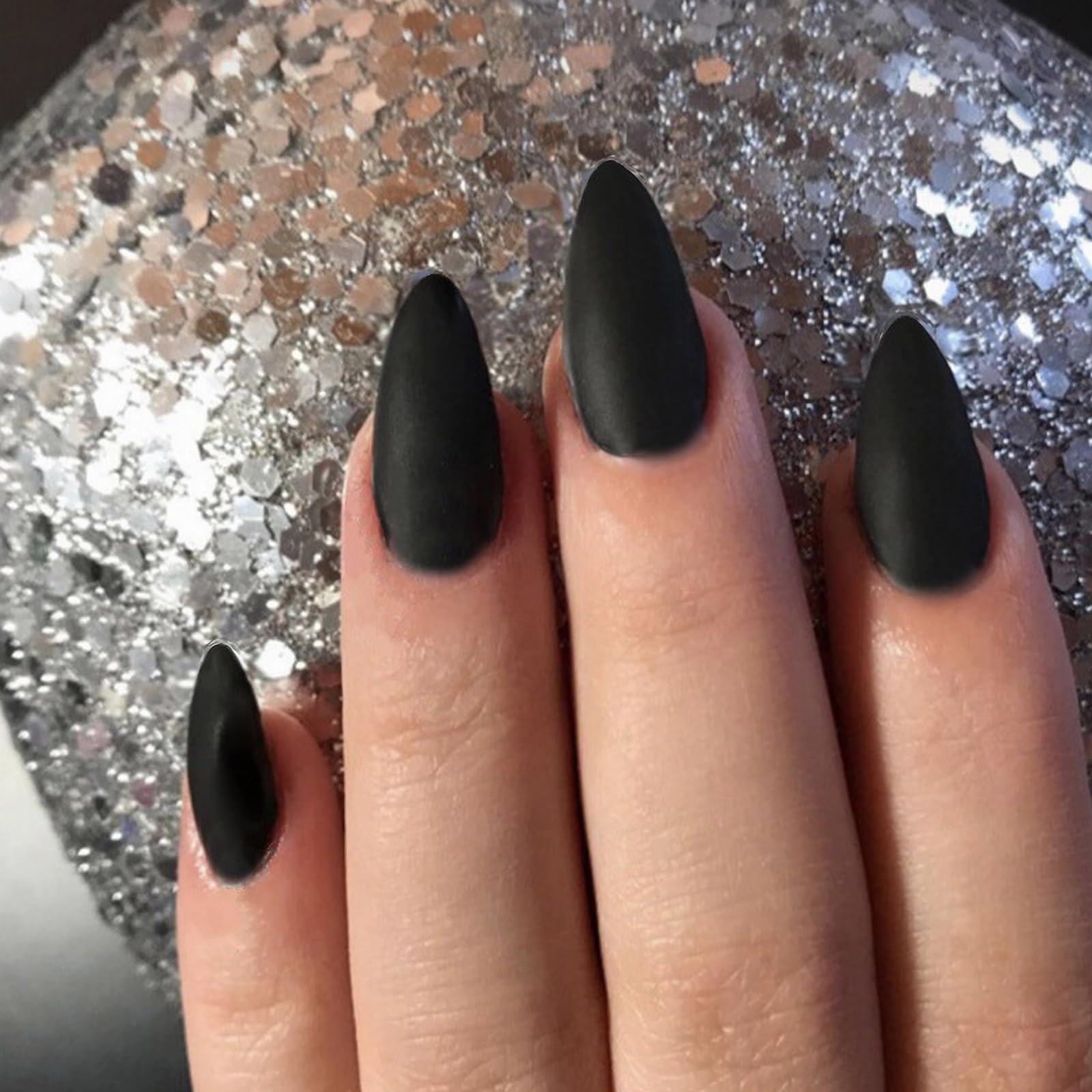 MISUD 24Pcs Matte Black Almond Fake Nails - Sharp Stiletto Press on Nails with Glue, Long False Nail Tips for Women | Perfect for Parties, Halloween, Cosplay & Special Occasions