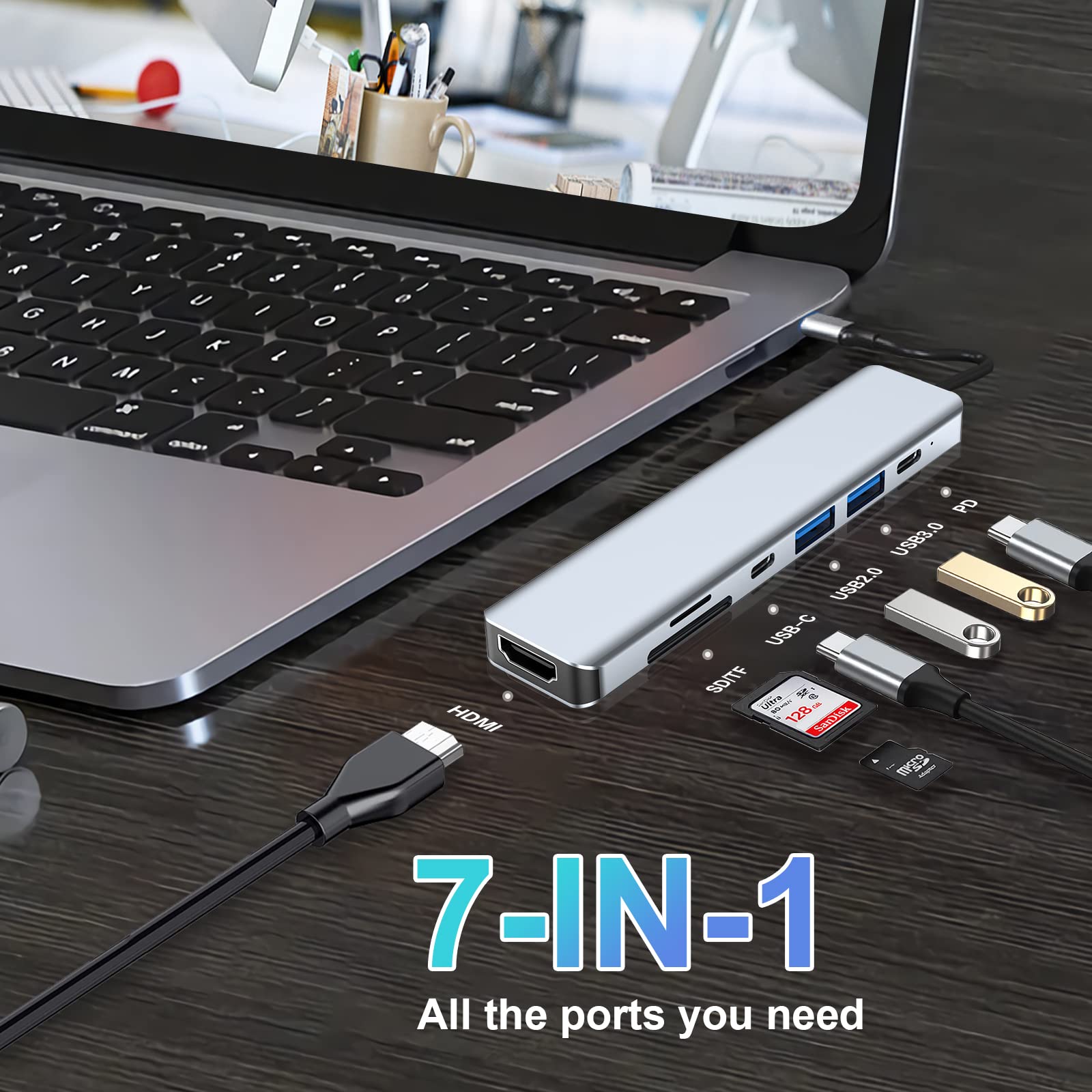 7-in-1 USB C Hub Adapter with 4K HDMI, 2 USB-C Ports, USB 3.0, SD/TF Card Reader - Compatible with MacBook Pro/Air & Type C Devices - 100W Fast Charging - Perfect for Home Office, Travel & Multi-Screen Setup