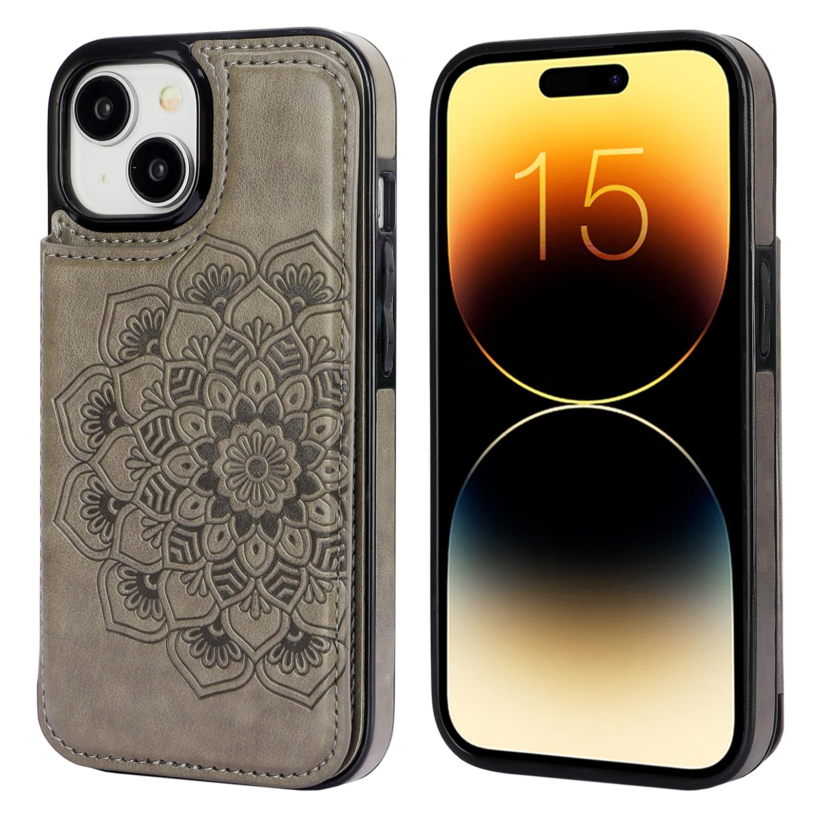 Vaburs iPhone 15 Case Wallet with Card Holder - Embossed Mandala Flower PU Leather Cover with Magnetic Car Mount | Shockproof Flip Case for 6.1