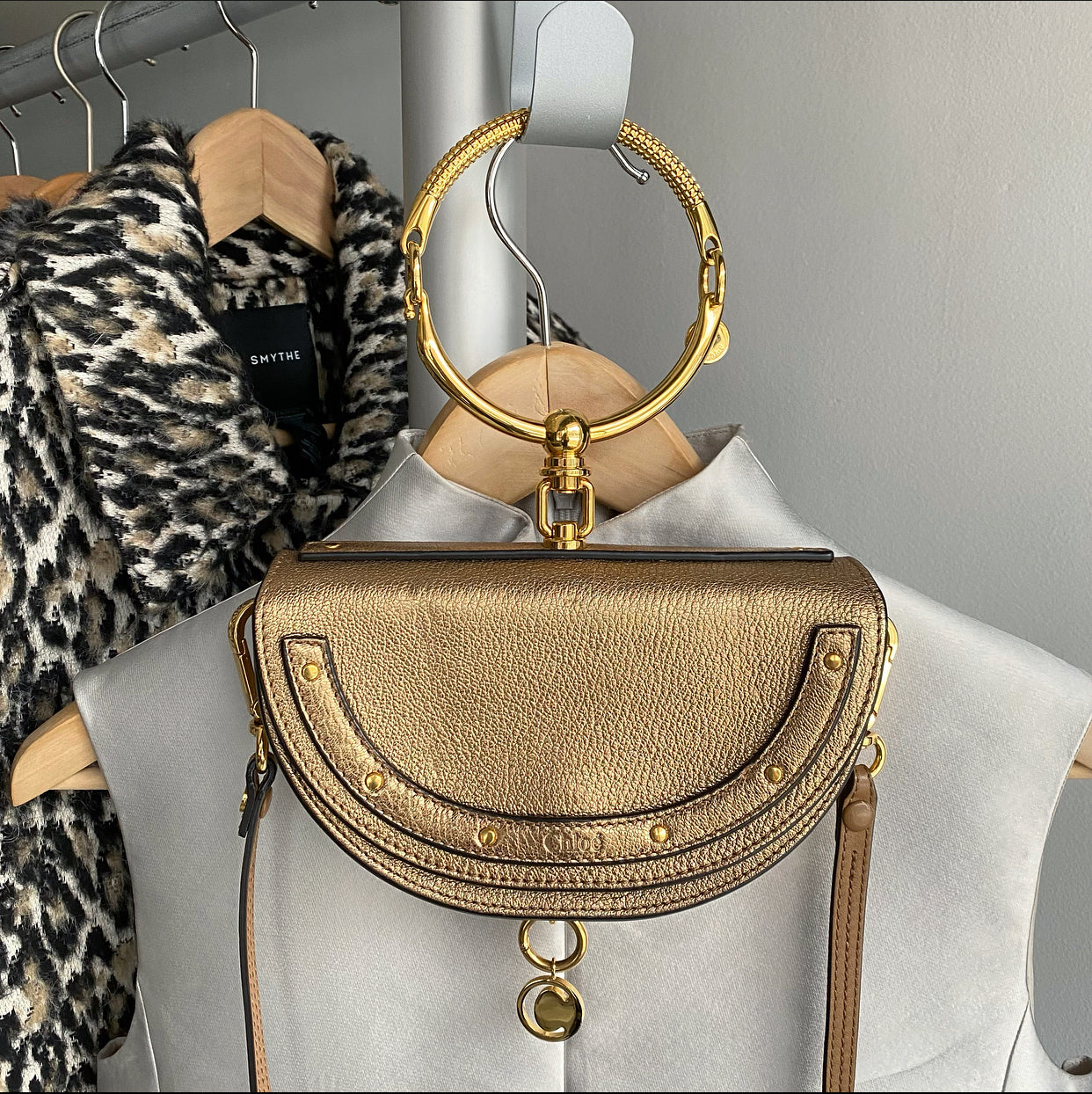 Chloe Metallic Bronze Leather Nile Minaudiere Bracelet Bag - Elegant Evening Clutch for Parties, Weddings & Special Occasions
