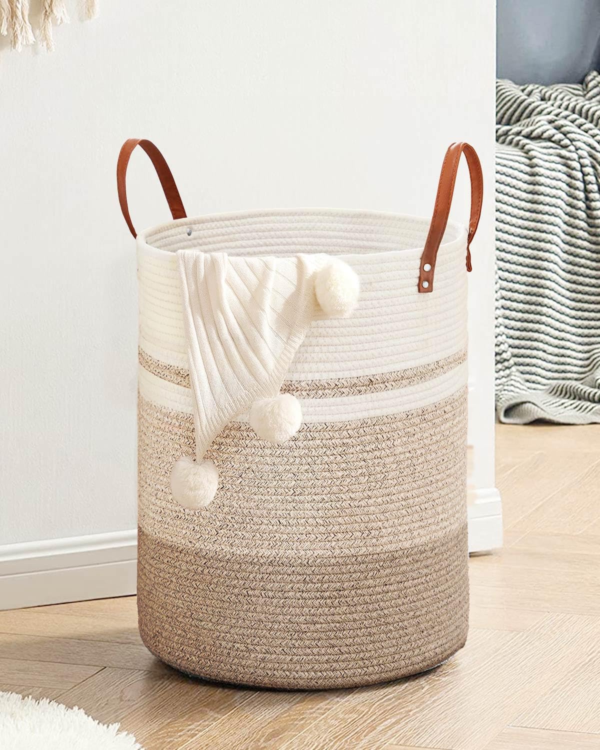 MOXTOYU 58L Tall Woven Jute Laundry Basket with Leather Handles - Stylish Storage Hamper for Clothes, Pillows, Blankets & Toys - Perfect for Living Room, Bedroom & Bathroom Organization - Eco-Friendly Home Decor (Brown & White)