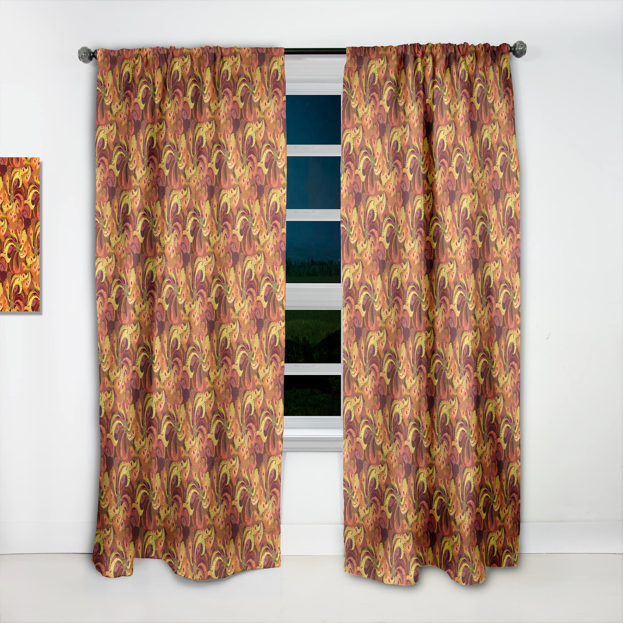 DesignQ Thermal Insulated Curtains - Golden Orange & Red Peacock Feather Pattern - 52x120 Inch Single Panel for Bedroom & Living Room - Energy Saving, Blackout Drapes for Home Decor