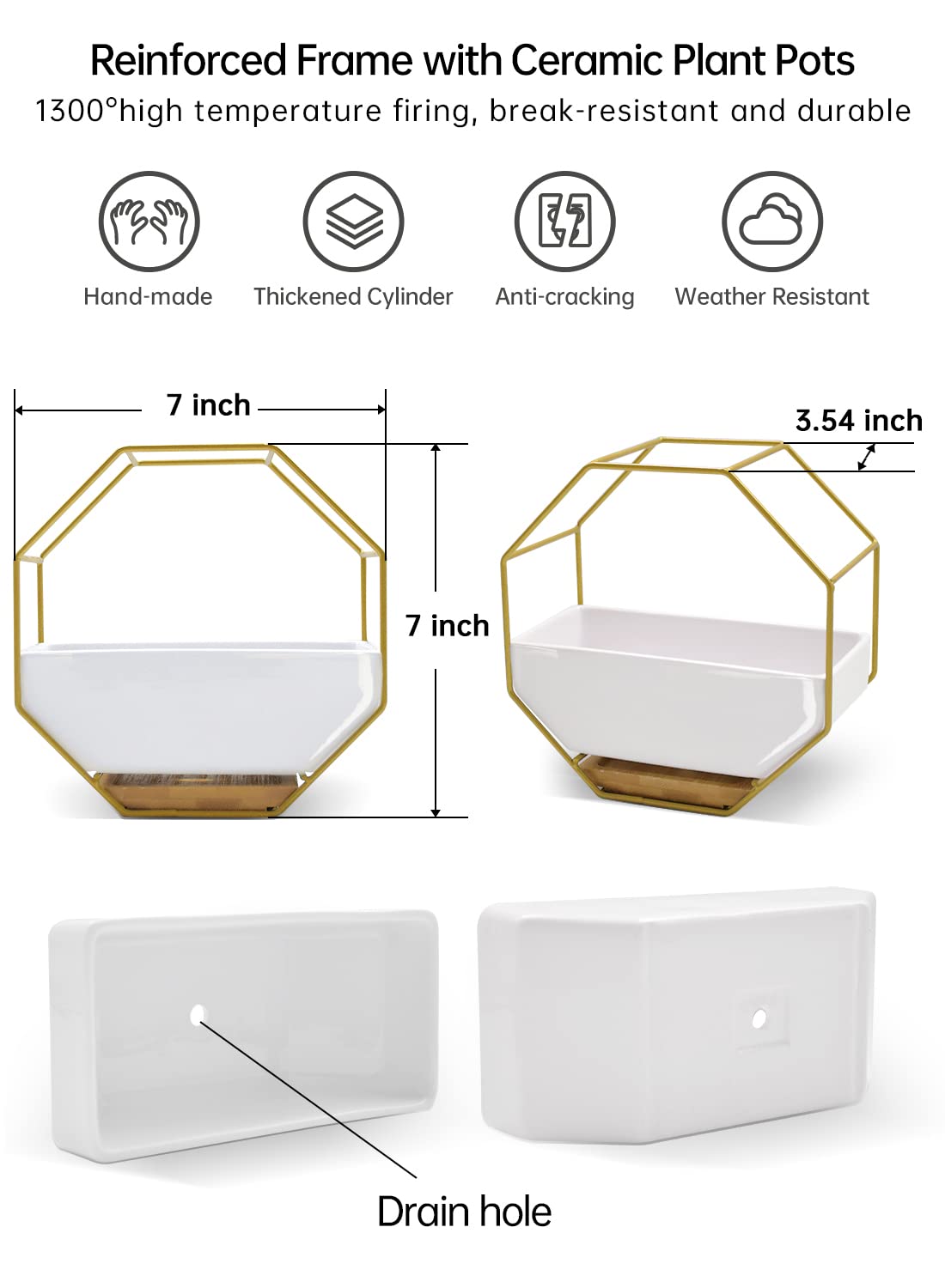 7×3.5 Inch Decorative Ceramic Succulent Planter with Metal Hanger - Dual Purpose Hanging & Tabletop Flower Pot with Drainage Hole & Saucer for Indoor Plants, Home Office, Garden Decor (Ideal for Succulents, Herbs & Small Flowers)