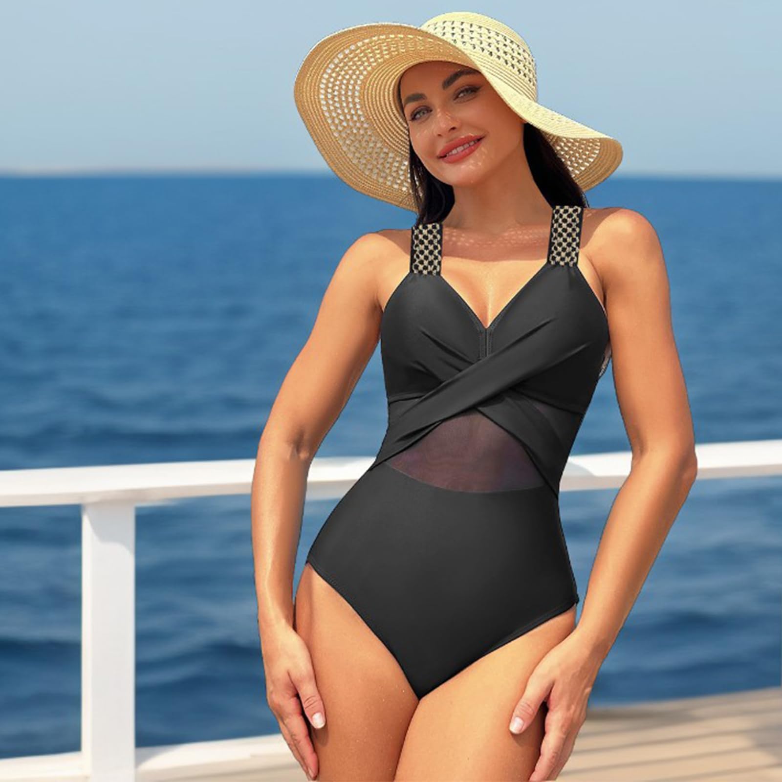 SINBRLAI Women's One Piece Swimsuits - Tummy Control V Neck Monokini with Lace Cutout for Beach, Pool & Summer Vacations