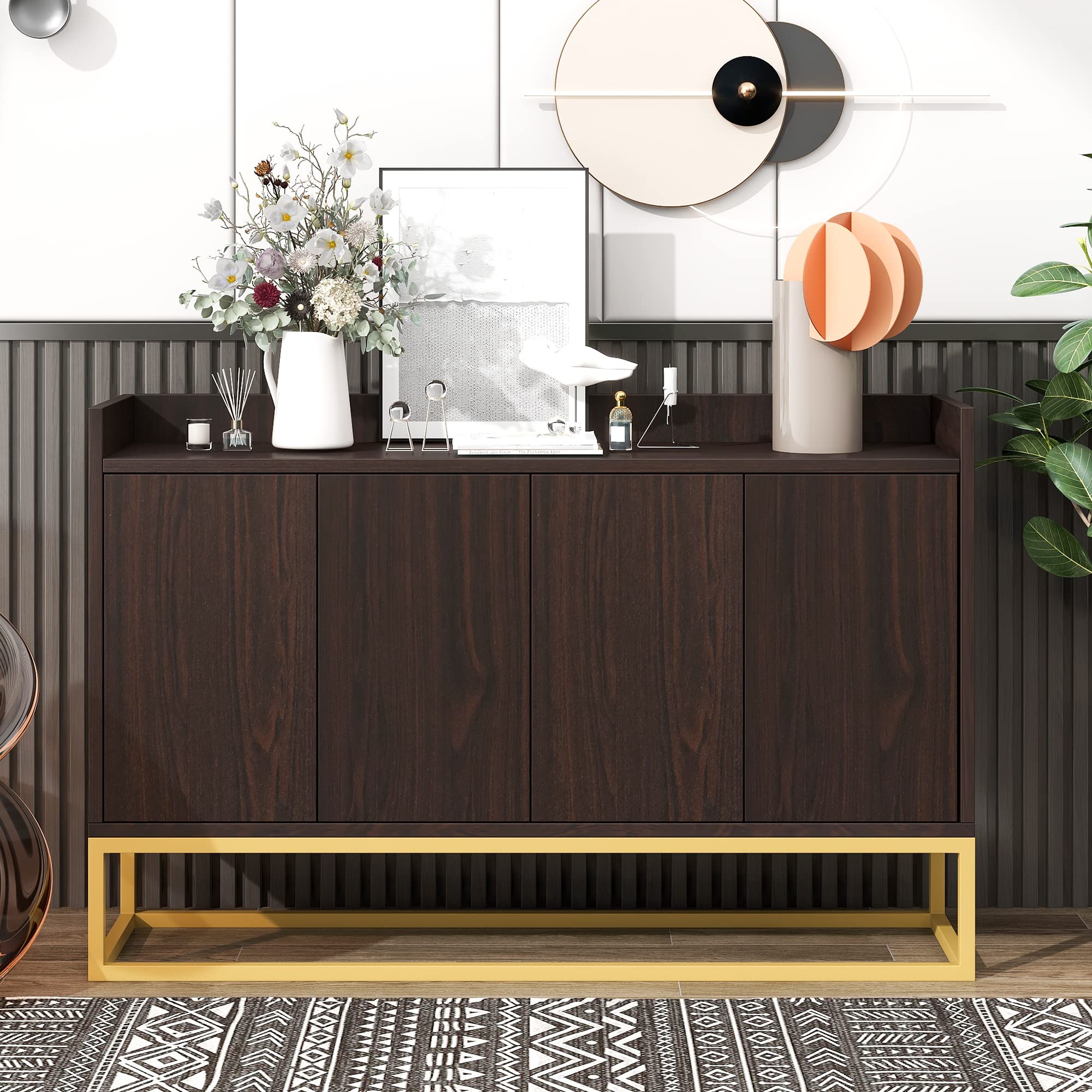 Modern Espresso Sideboard Console Table with Metal Legs & Adjustable Shelf - Elegant Buffet Cabinet for Dining Room, Living Room Storage & Home Organization