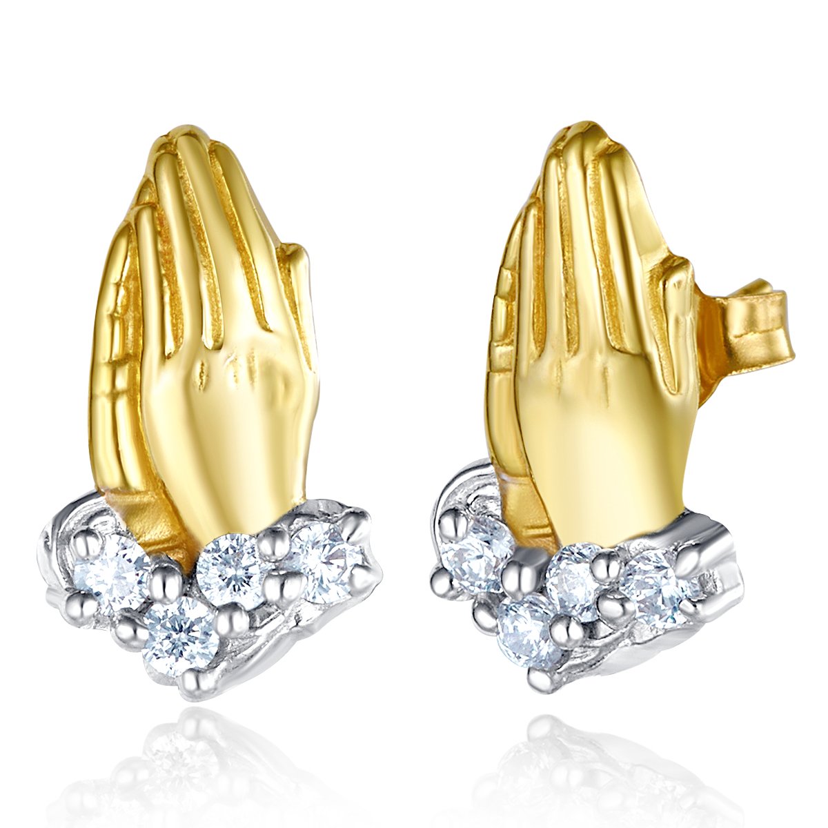14K Real Yellow Gold CZ Praying Hands Earrings - Elegant Religious Jewelry for Women, Gift for Baptism, First Communion & Special Occasions