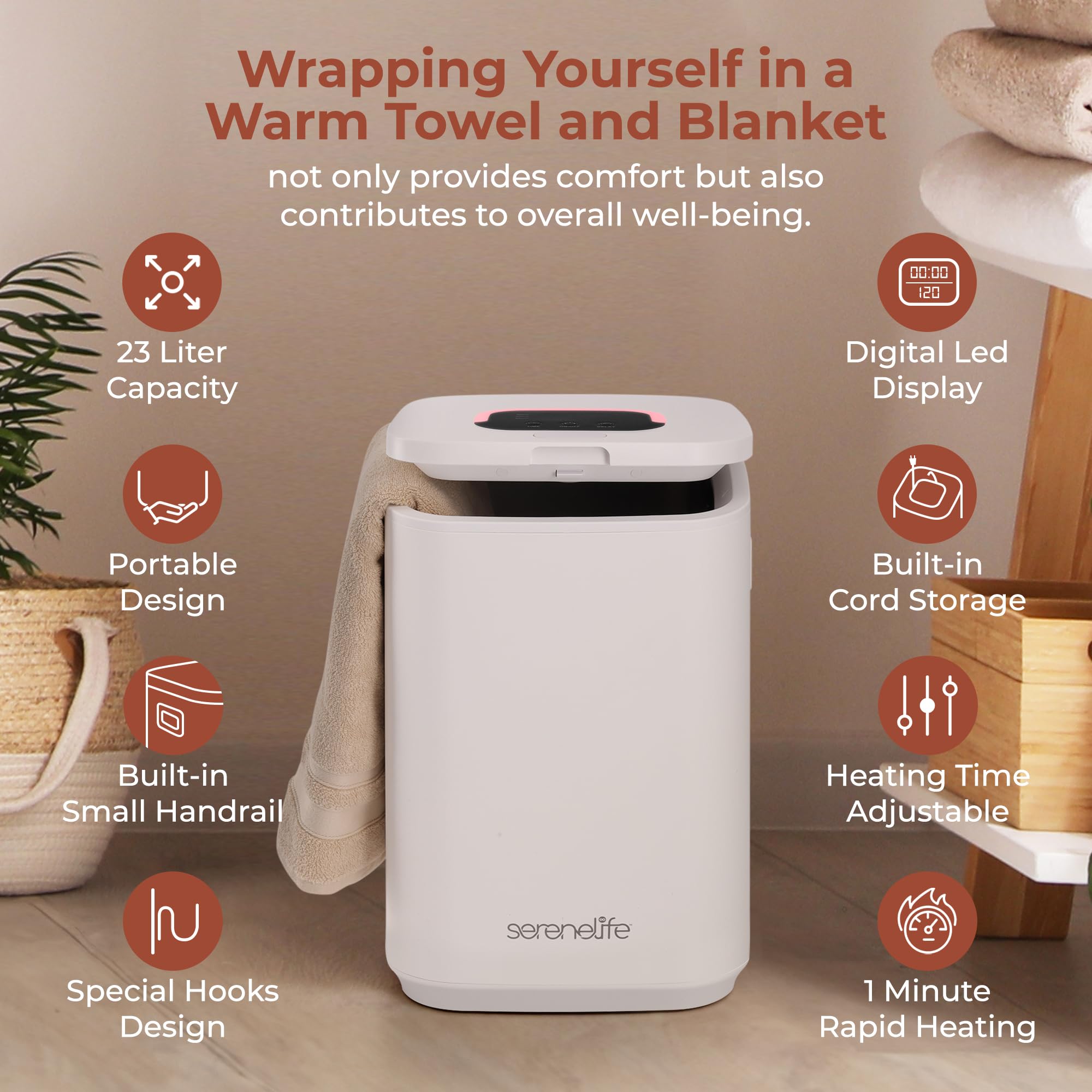 SereneLife 23L Luxury Bathroom Towel Warmer & Blanket Heater Bucket with LED Display, 24H Timer, 3 Heating Modes & Child Lock - Perfect for Warming Oversize Bathrobes, PJs, Baby Clothes & Spa Essentials (White) | Ideal for Home Spa, Nursery & Luxury Bathroom Experience