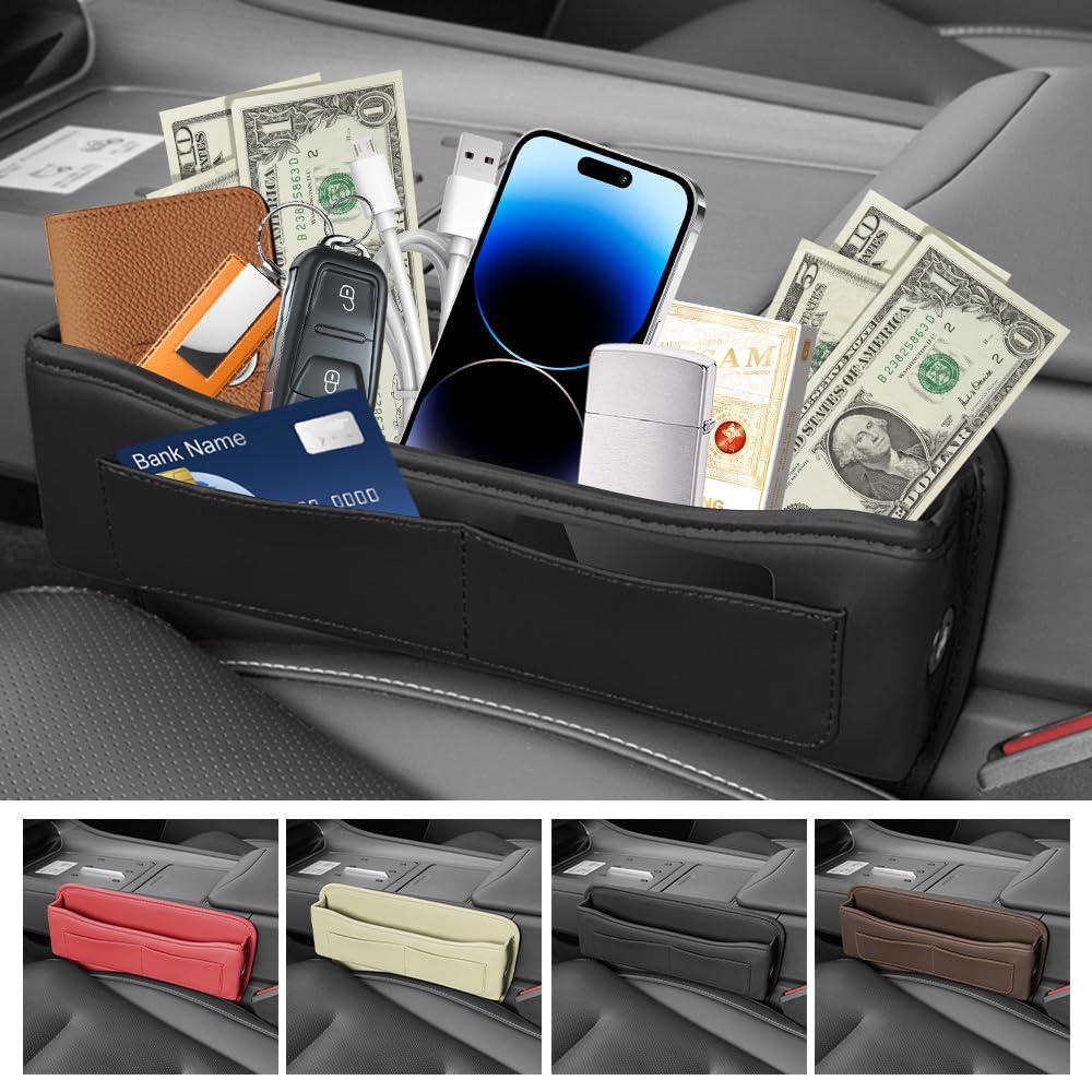 Leather Car Seat Gap Filler Organizer with Card Holder - L-Capacity Storage Box for Phone, Keys, Glasses & Essentials | Perfect Car Accessories for Organization & Convenience (Black) | Ideal for Daily Commute, Road Trips & Family Travel