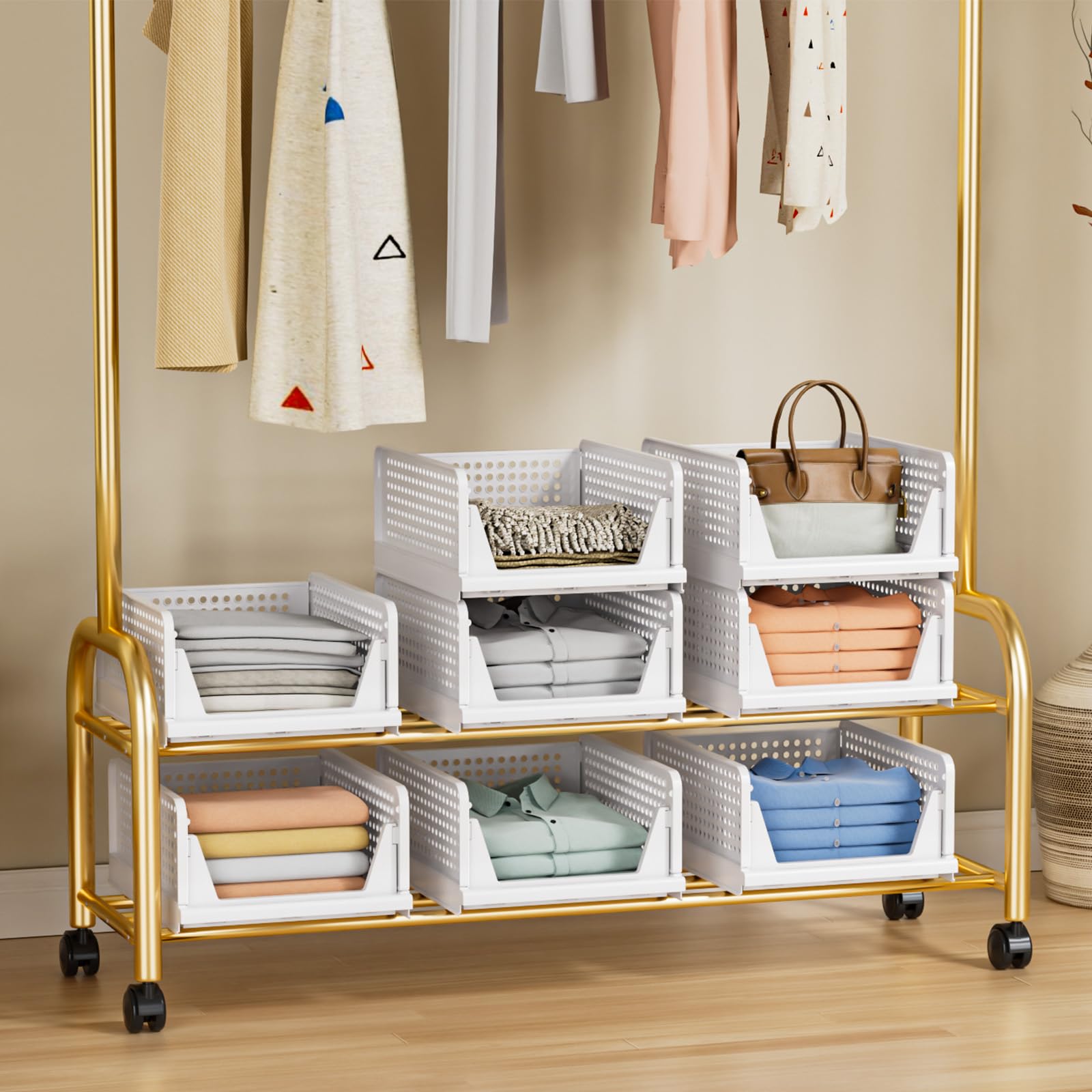 TidyIsles - 4 Pack Foldable Closet Organizer & Stackable Storage Boxes, Plastic Drawer Baskets for Bedroom, Kitchen, Bathroom Organization (White) | Perfect for Closet Shelving, Underbed Storage & Small Space Organization