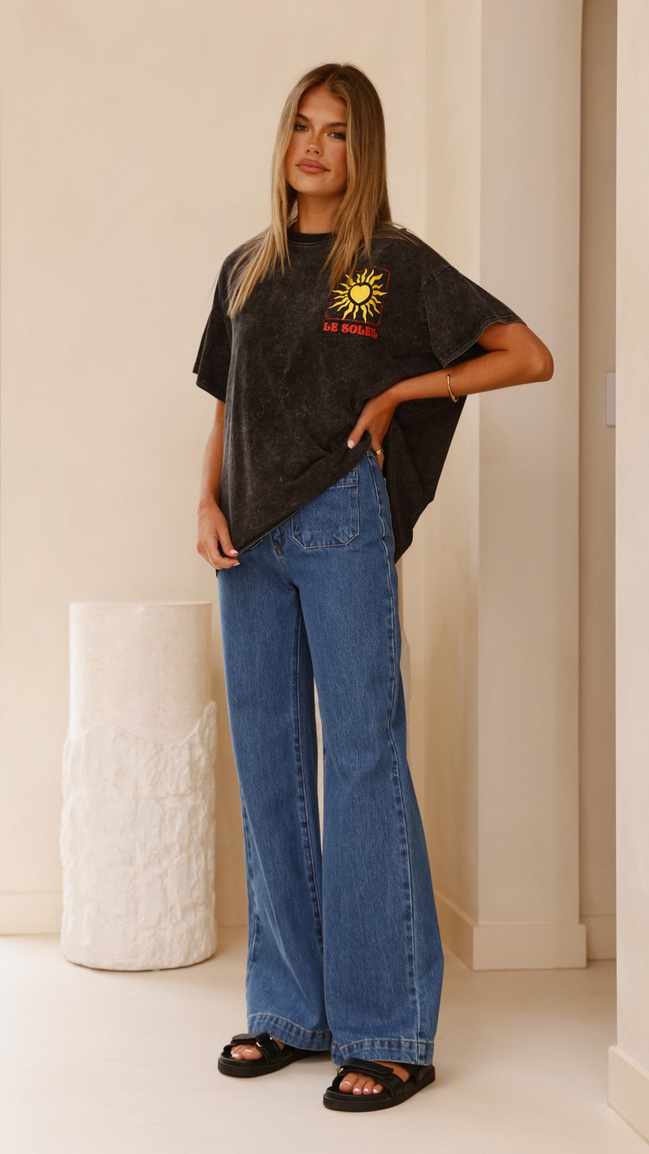 Le Soleil Acid Wash Black T-Shirt for Men & Women | Vintage Distressed Cotton Tee | Casual Streetwear & Everyday Outfit