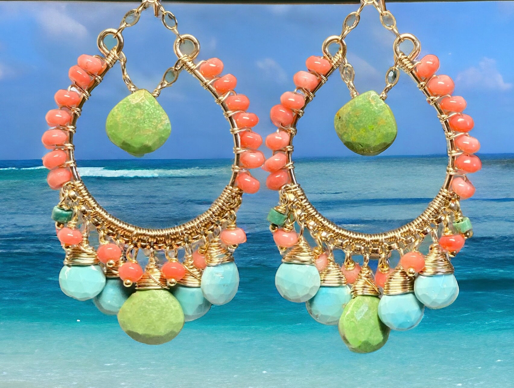 Turquoise Gold Hoop Chandelier Earrings for Women - Bohemian Statement Jewelry for Parties, Weddings & Special Occasions