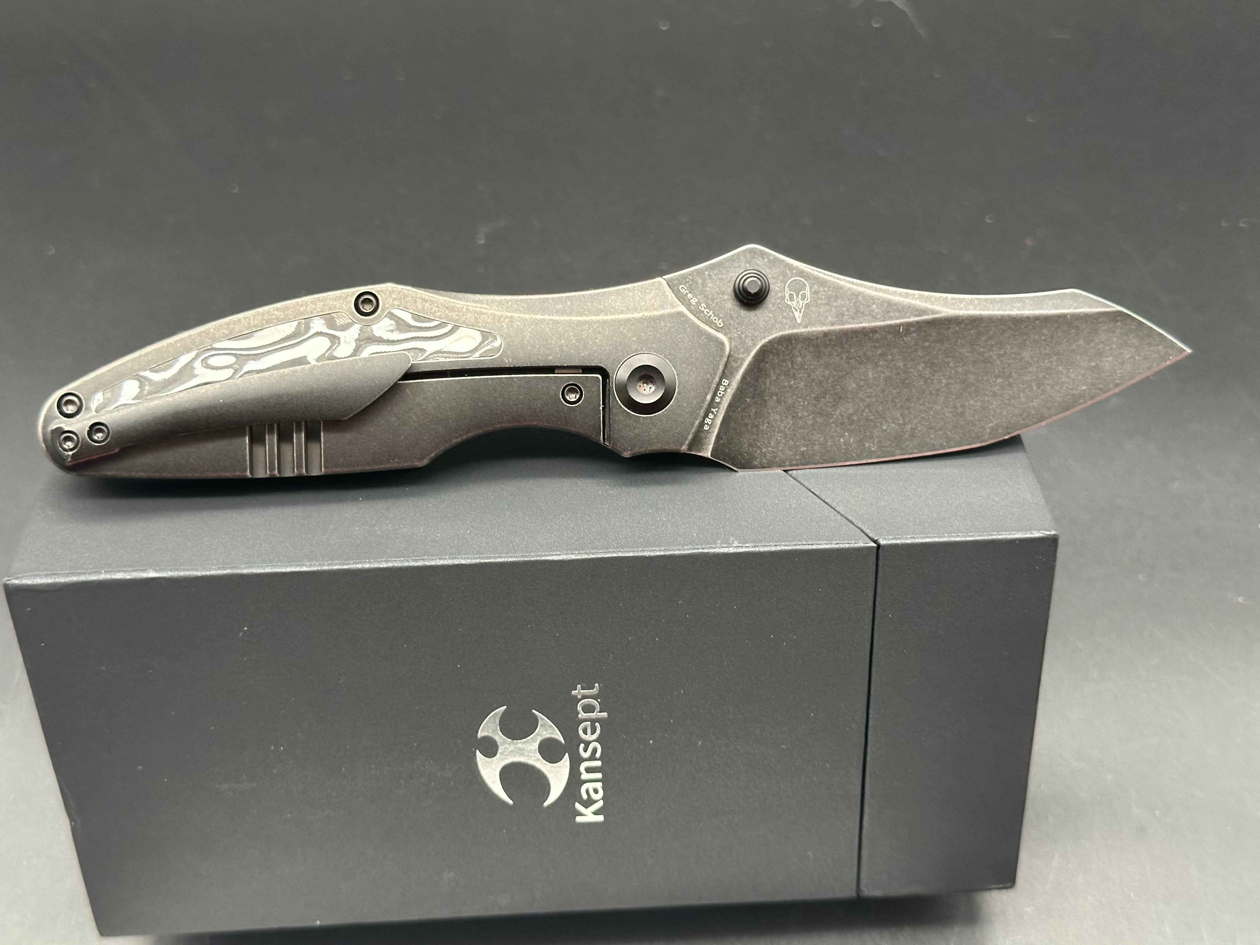KANSEPT BABA YAGA Folding Knife - Blackwash Titanium Handle with Black/White Nebula Carbon Fiber Inlay, 20CV Steel Plain Edge Blade - EDC, Outdoor, Camping, Survival Gear