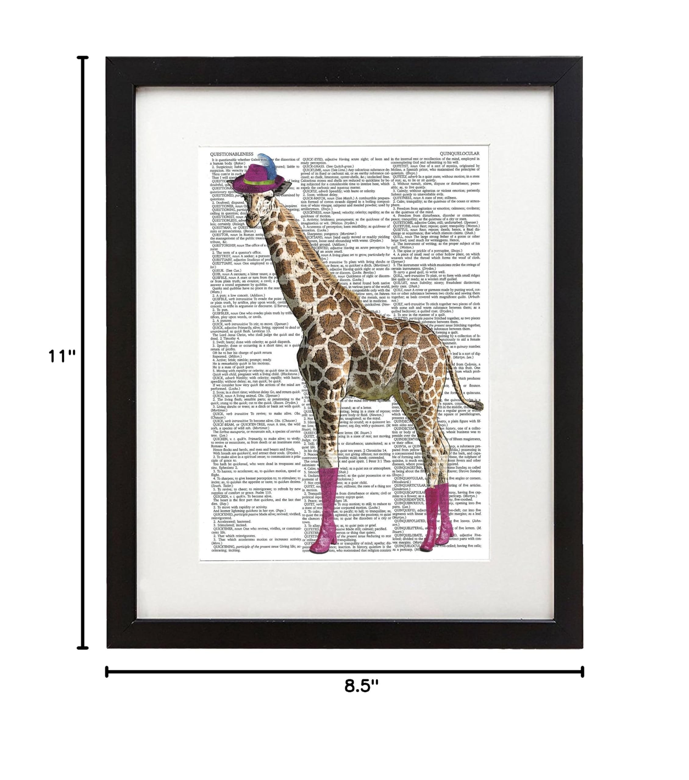 Giraffe in Boots 8.5x11 Inch Wall Art Print - Unique Dictionary Mixed Media Poster on Semi-Translucent Paper - Perfect for Nursery, Kids Room & Bohemian Home Decor