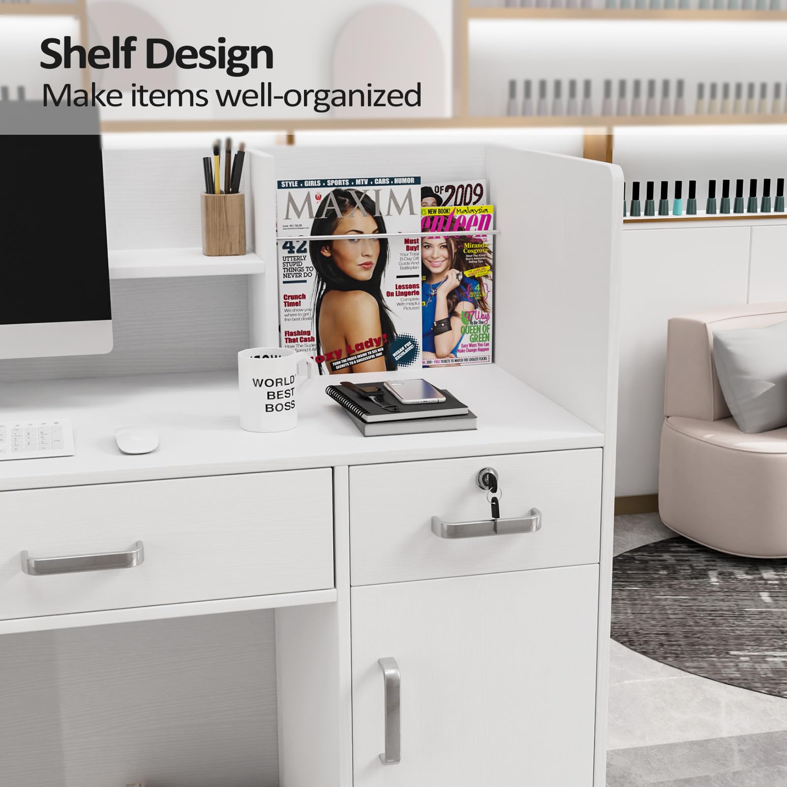 LEADZM H-Shaped Reception Desk with Counter - Lockable Drawers & Adjustable Shelf - White Office Front Desk for Beauty Salon, Retail Store & Business Checkout Counter - Perfect for Customer Service Areas, Waiting Rooms & Professional Workspaces