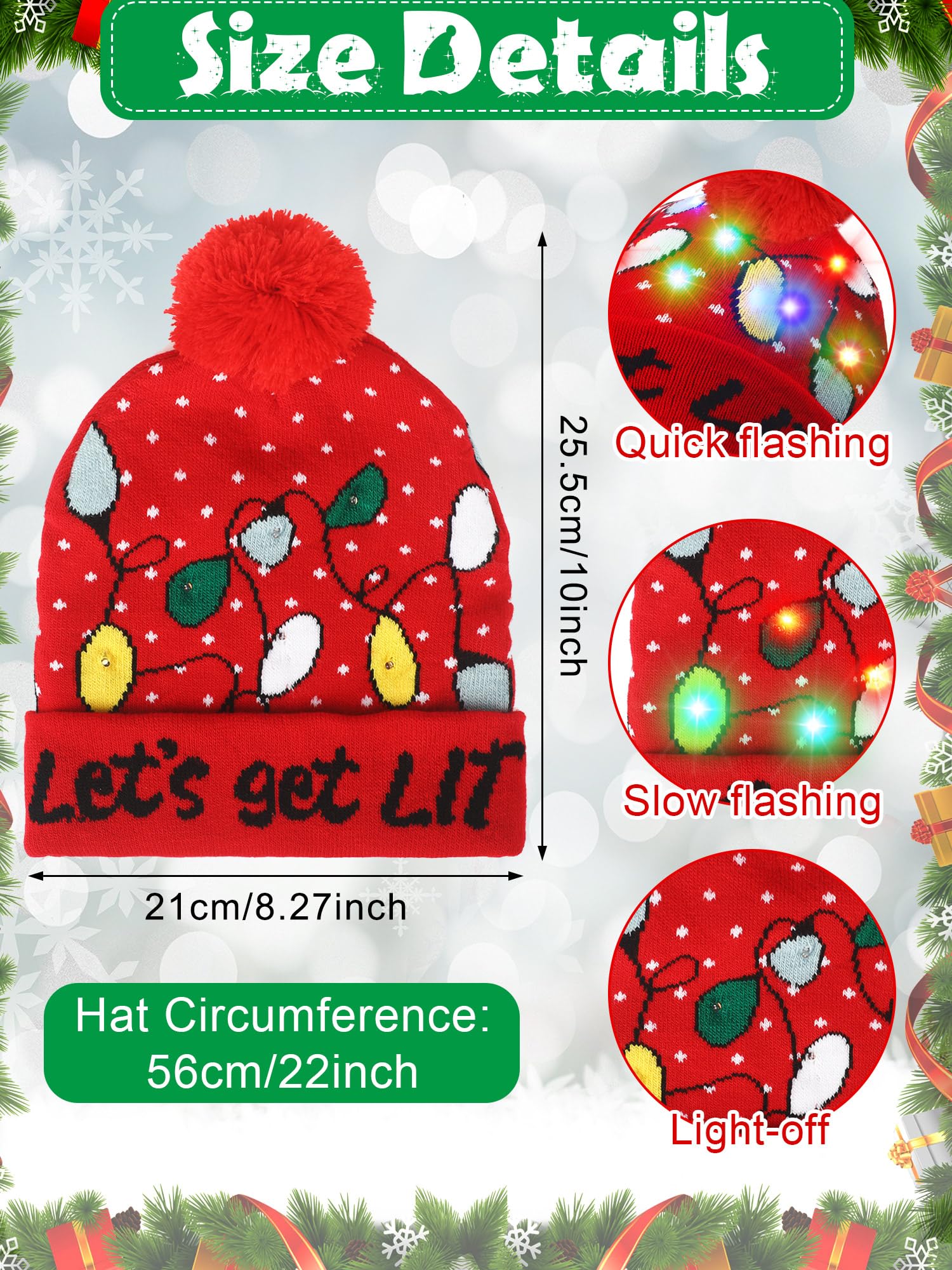 Geyoga 5 Pack Christmas LED Knit Beanie Hats - Colorful Light Up Winter Hats for Xmas Holiday Parties, New Year Celebrations & Festive Gatherings