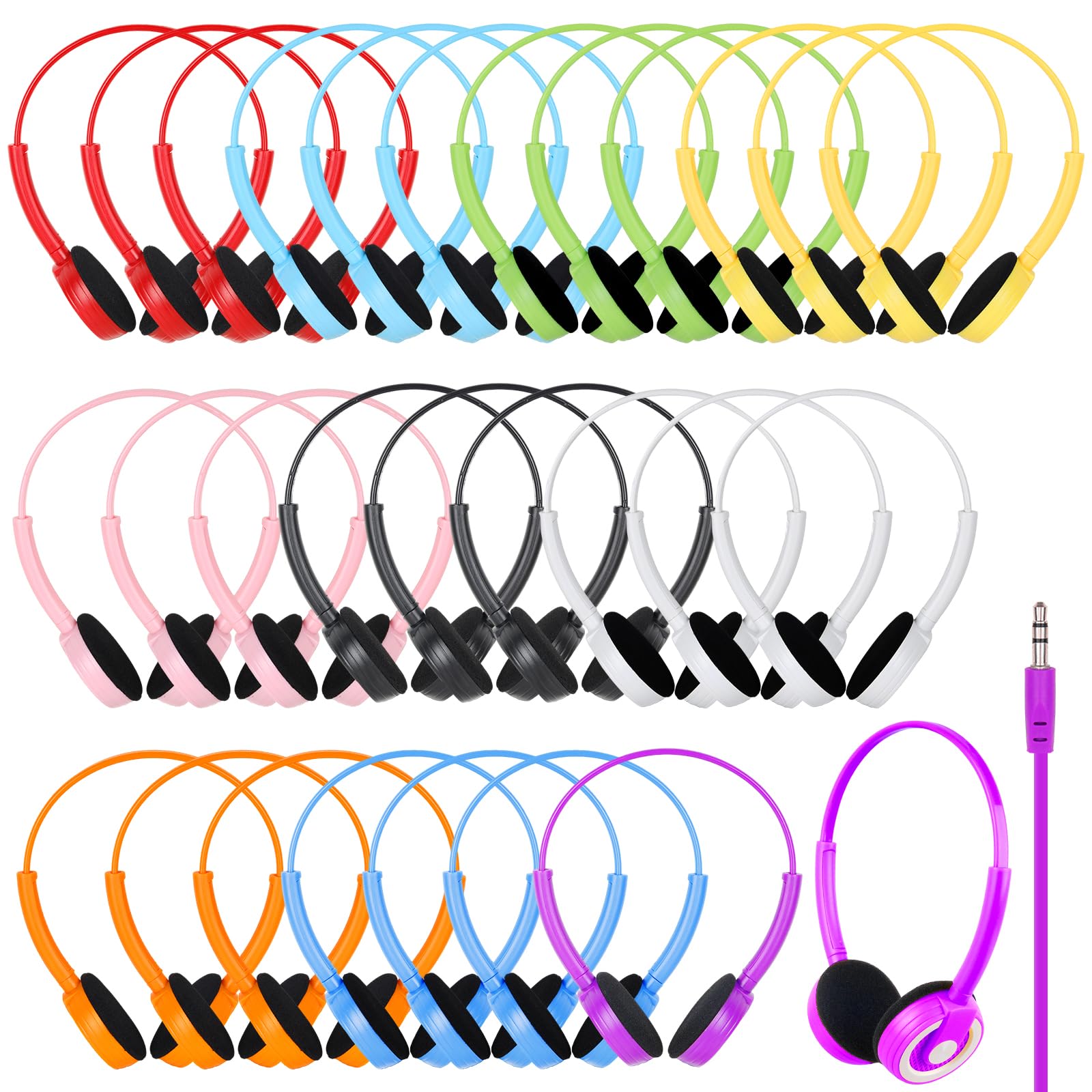Bulk Classroom Headphones 20 Pack - Durable 3.5mm Wired Headphones for Students, Kids, Teens & Adults - Mixed Colors for School, Library & Online Learning