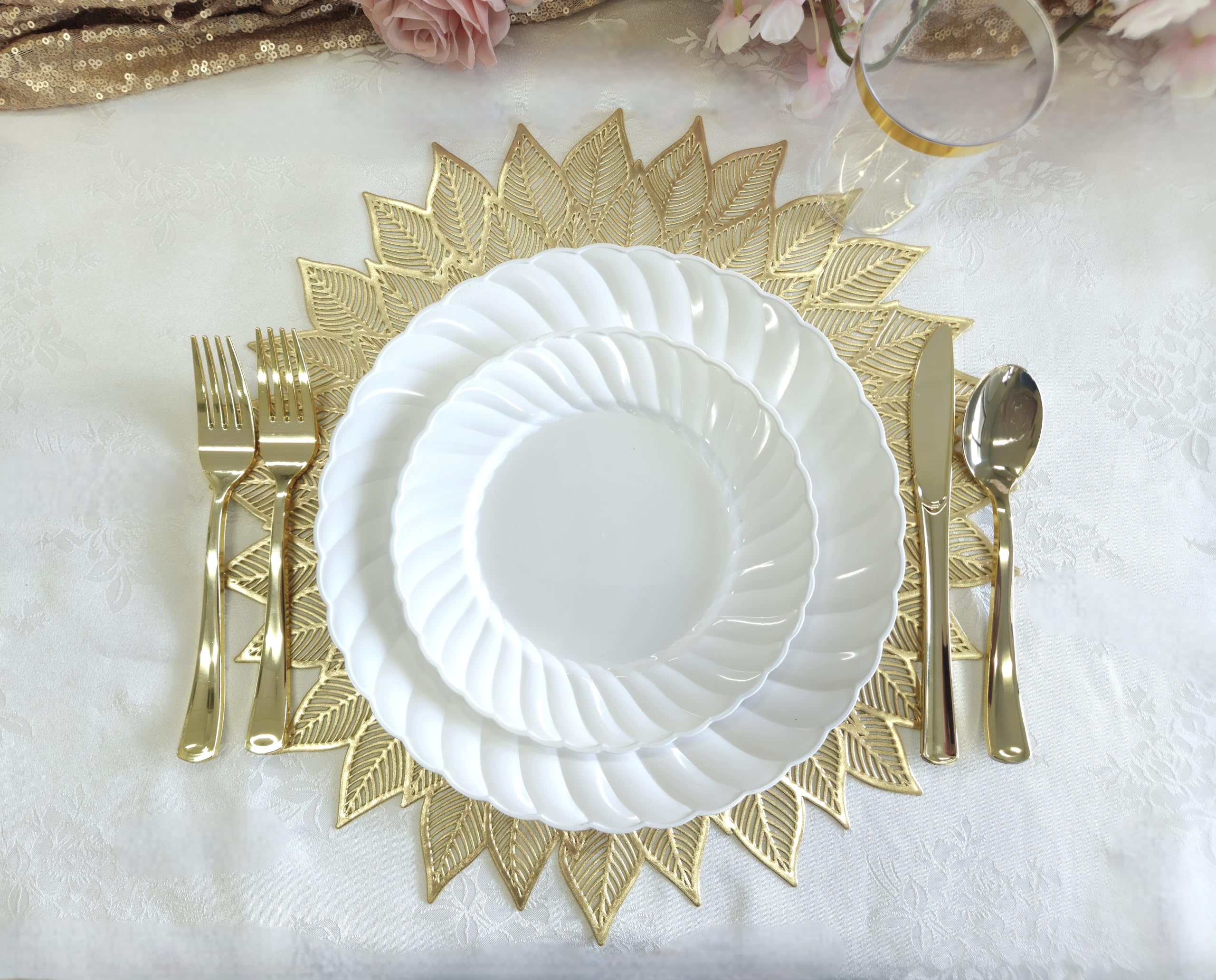 120-Piece Metallic Gold Vinyl Placemats Set - Elegant Pressed Table Mats for Weddings, Parties & Special Occasions - Dhalia Pattern Matt Gold Centerpiece Decor