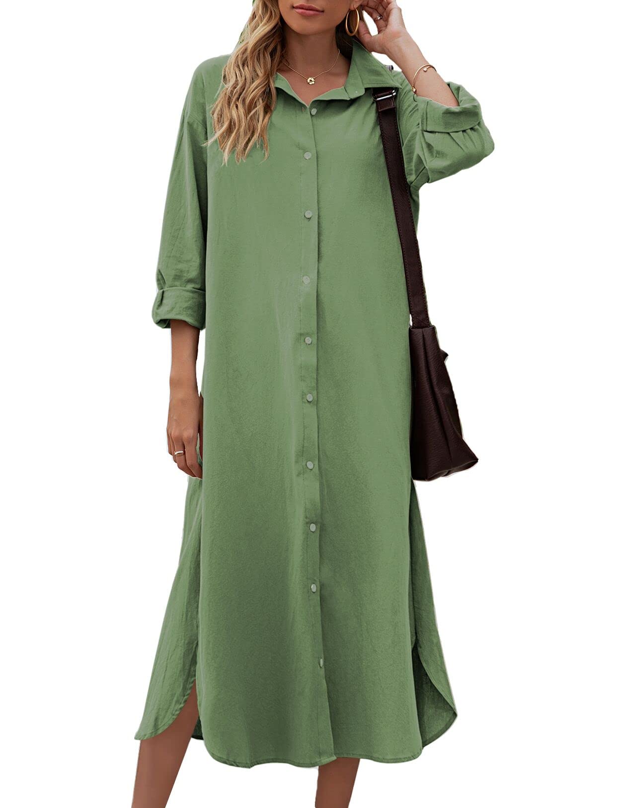 Sopliagon Women's Cotton Linen Shirt Dress - Casual Loose Maxi Dress for Summer, Beach, Travel & Everyday Wear | Comfortable Breathable Long Dress