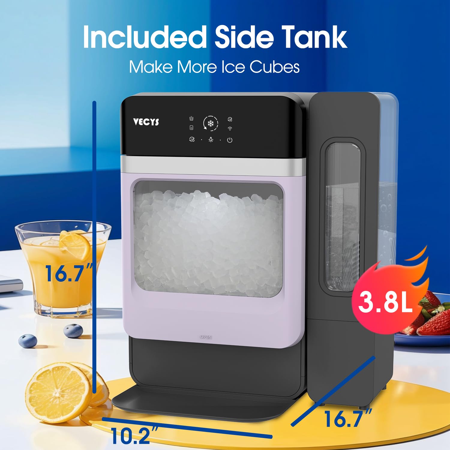 VECYS 33LBS/Day Countertop Nugget Ice Maker - Self-Cleaning Portable Pellet Ice Machine with Stainless Steel Trim & 3.8L Side Water Tank - Chewable Sonic Ice for Home, Office, Bar, Cocktails, and Beverages