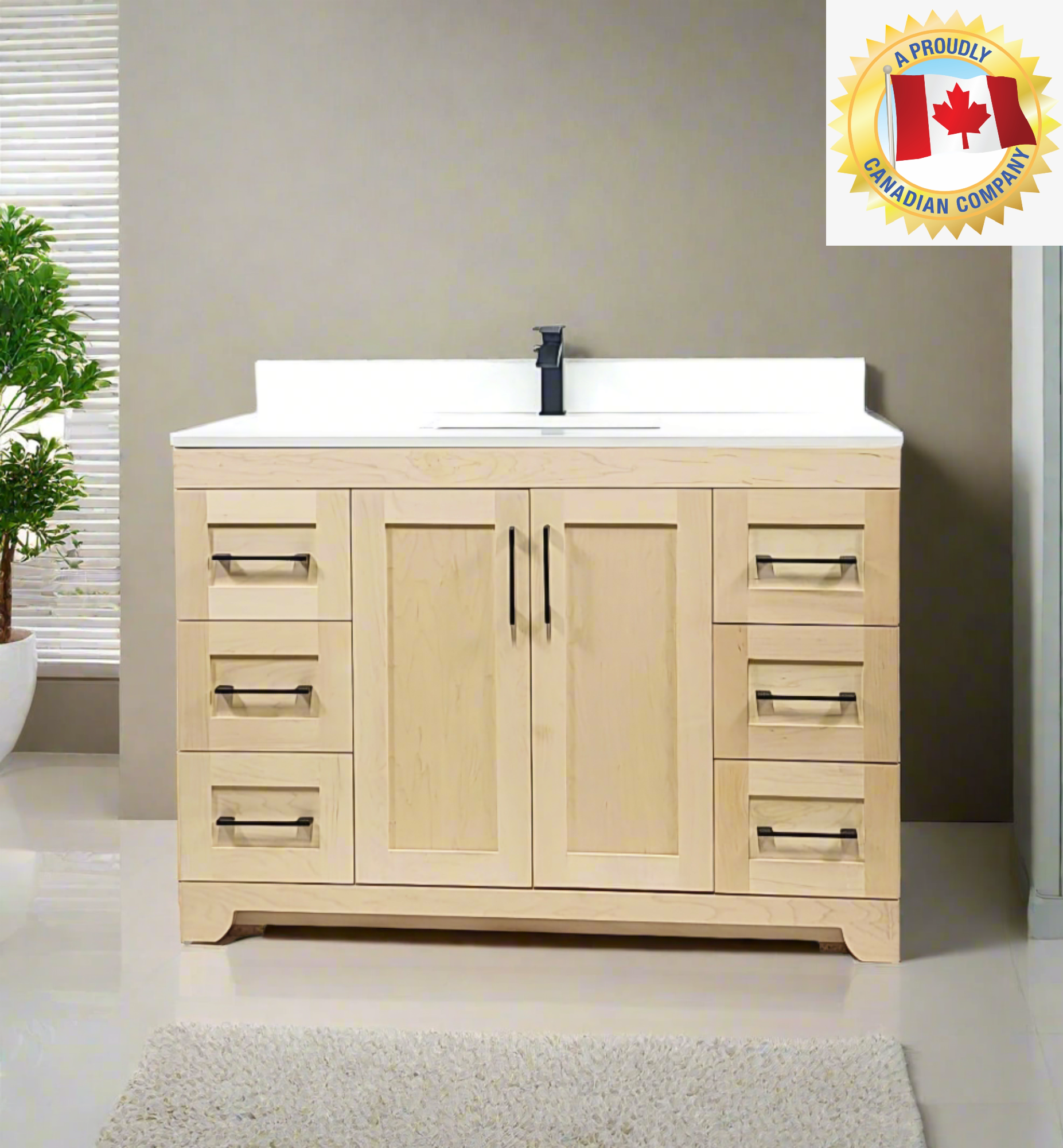 Natural Stain Bathroom Vanity with White Quartz Countertop - Canadian Maple 48