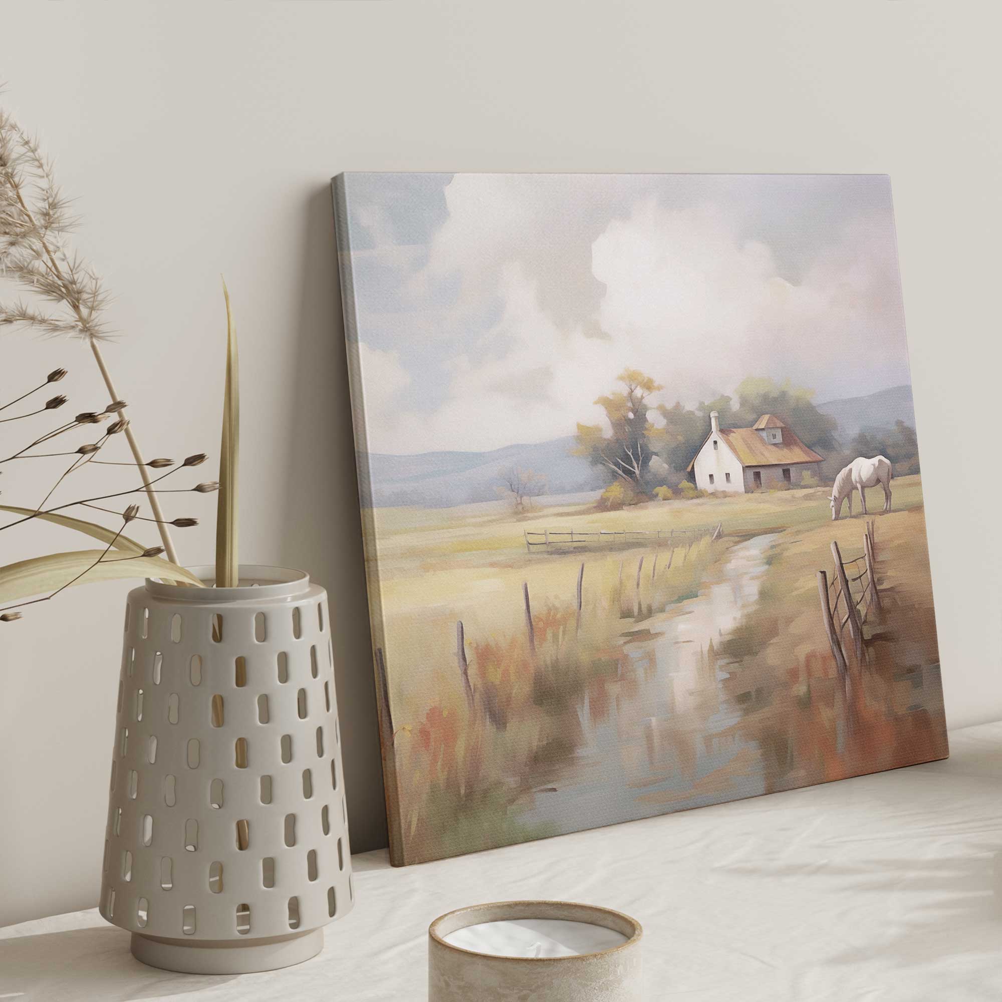 Countryside Farmhouse Canvas Wall Art - Rustic Landscape Painting for Living Room, Bedroom & Office Decor