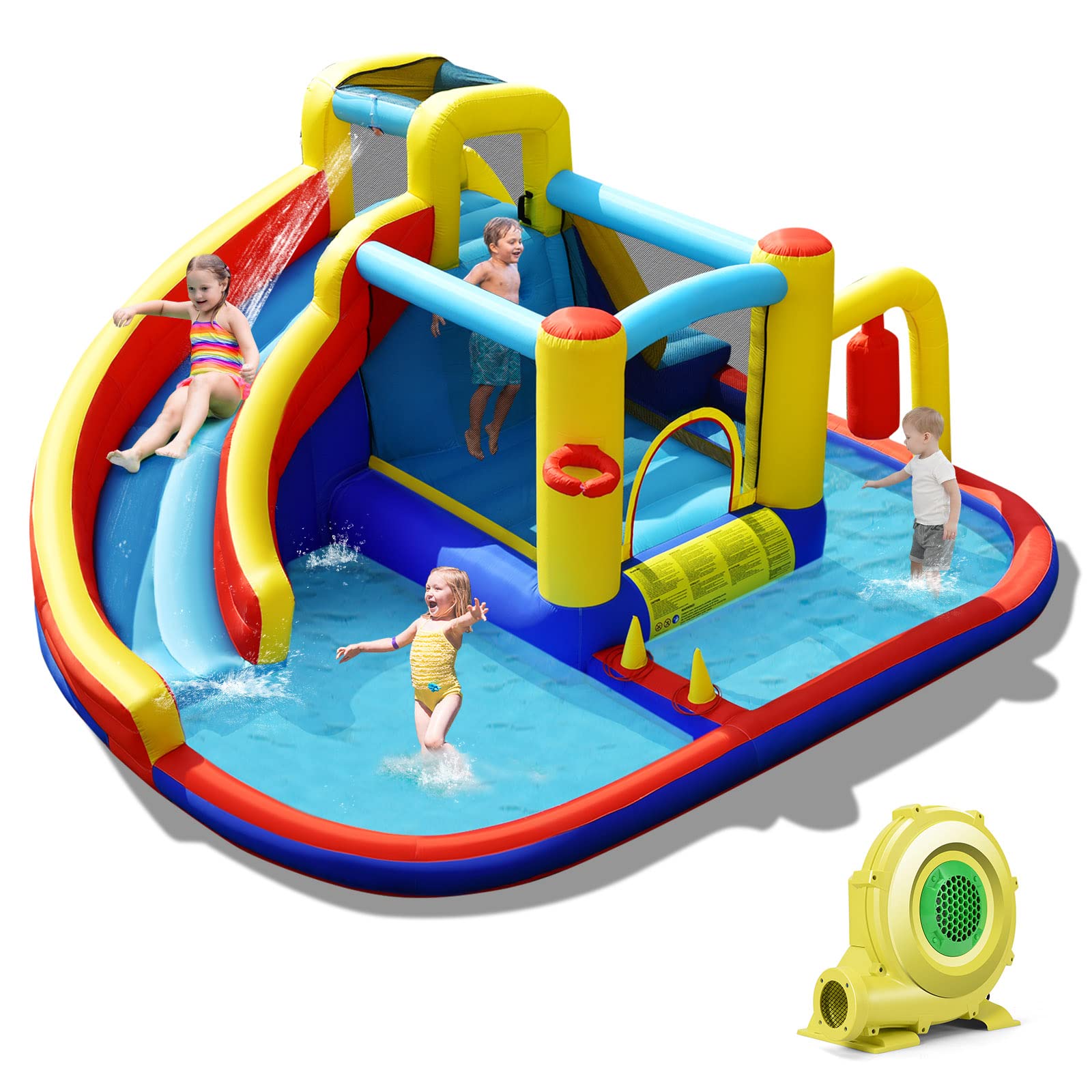 BOUNTECH Inflatable Water Slide with Bounce House Combo - 735w Blower, Splash Pool - Giant Backyard Water Park for Kids & Adults - Perfect for Summer Parties, Birthdays, and Outdoor Family Fun