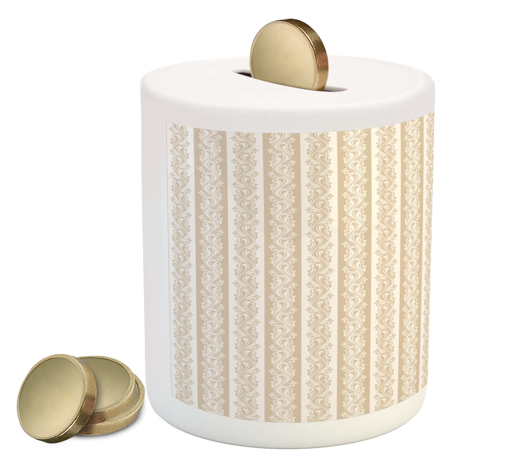 Ambesonne Ivory Ceramic Piggy Bank - Victorian Baroque Style with Striped Swirl Design, Renaissance Inspired Money Box for Cash Savings (Cream Tan) | Perfect for Home Decor, Gift Giving, and Teaching Kids Financial Responsibility