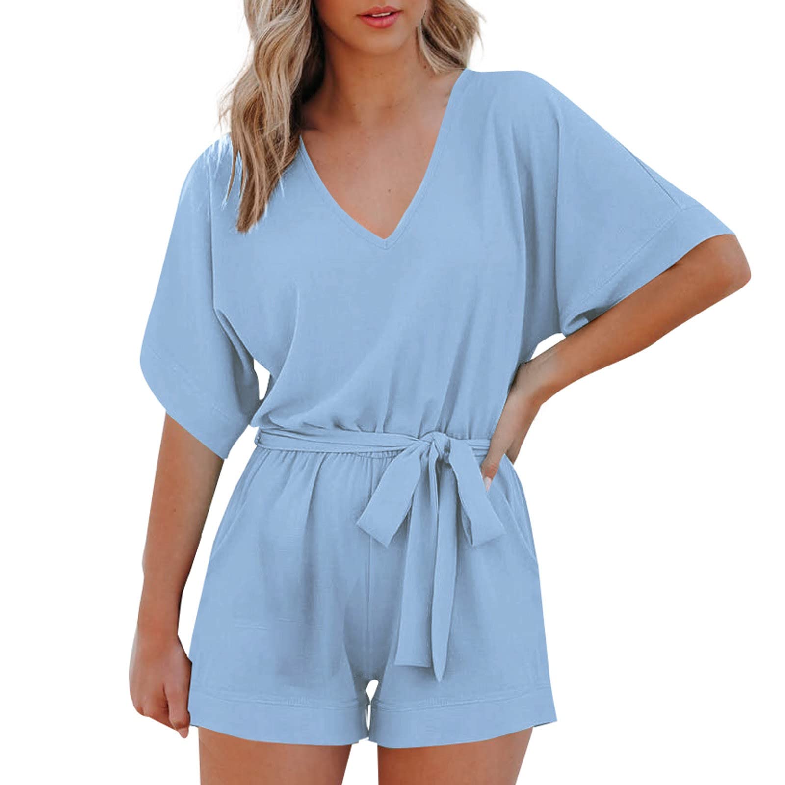 Women's Black V-Neck Short Sleeve Romper Jumpsuit with Waistband - Summer Casual Shorts Outfit for Beach, Vacation & Outdoor Activities