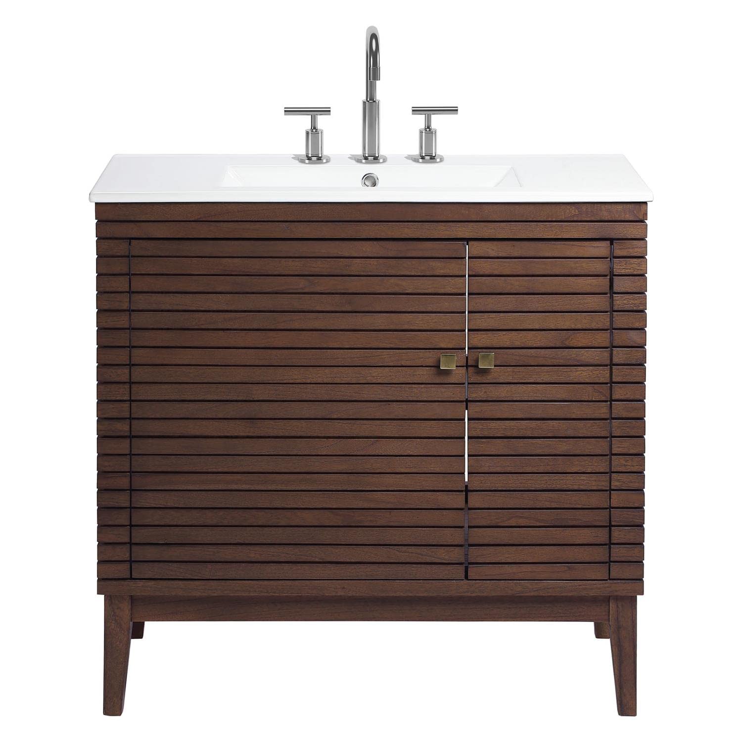 Modway Ledger 36 Inch Walnut White Wood Bathroom Vanity Cabinet with Mirror - Modern Storage for Small Bathrooms & Powder Rooms