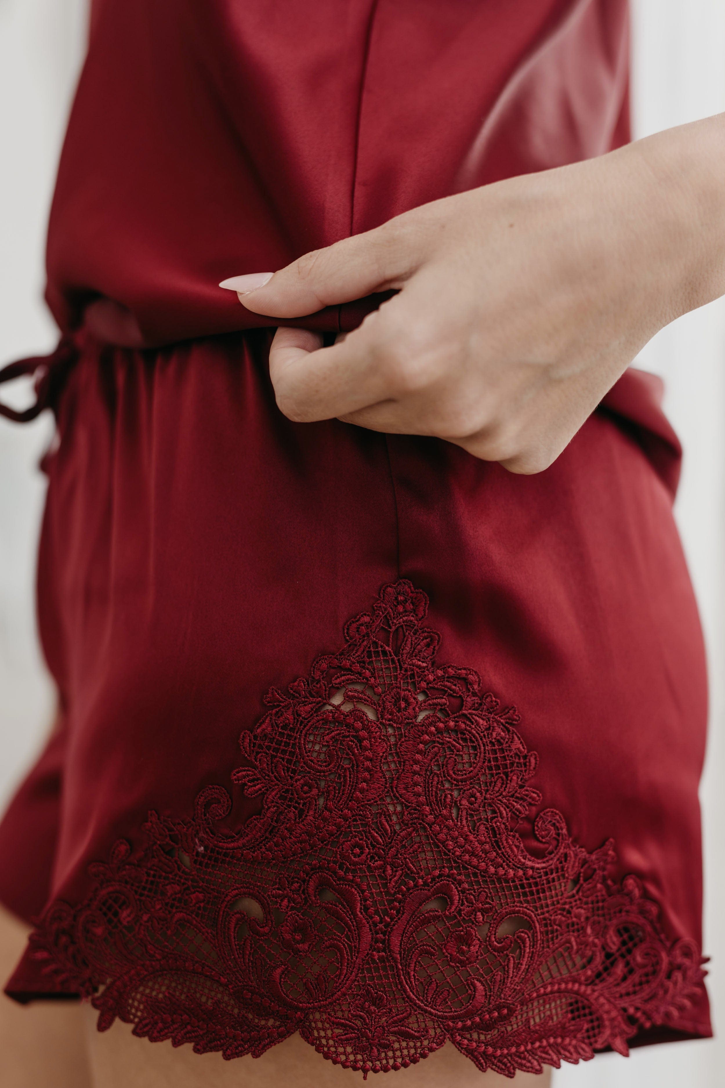 Stella Cami and Lace Trim Short Set Ruby - Sexy Lingerie Sleepwear for Women, Romantic Nightwear, Valentine's Gift, Boudoir Outfit for Date Night and Special Occasions