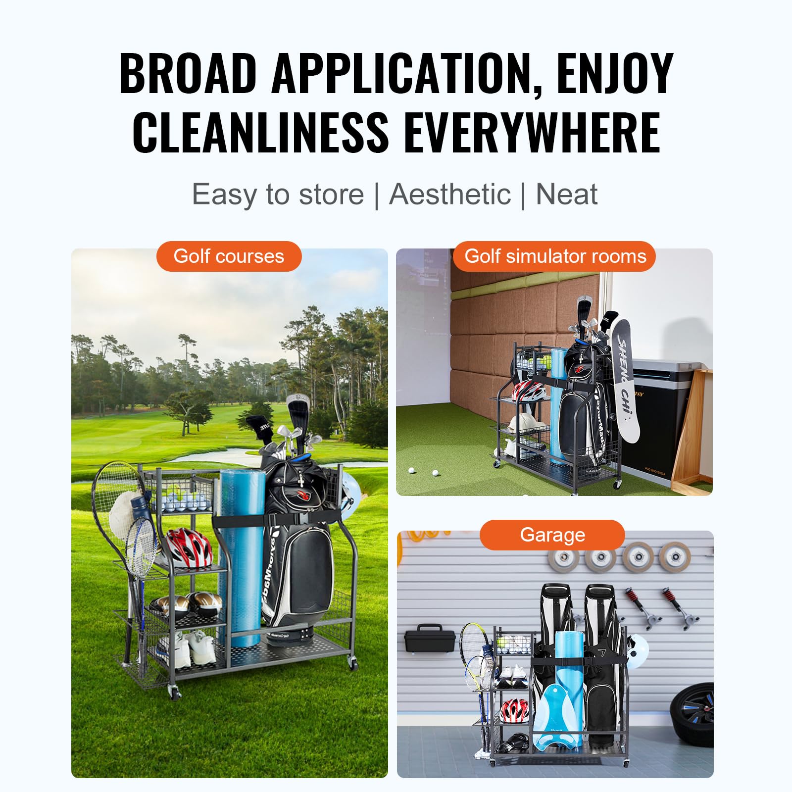 VEVOR Golf Storage Garage Organizer - 2 Golf Bag Stand Holder & Sports Equipment Rack with Wheels | Rolling Ball Cart for Outdoor Sports Gear, Toys & Accessories | Heavy-Duty Steel Construction in Black | Perfect for Garage, Basement & Backyard Organization