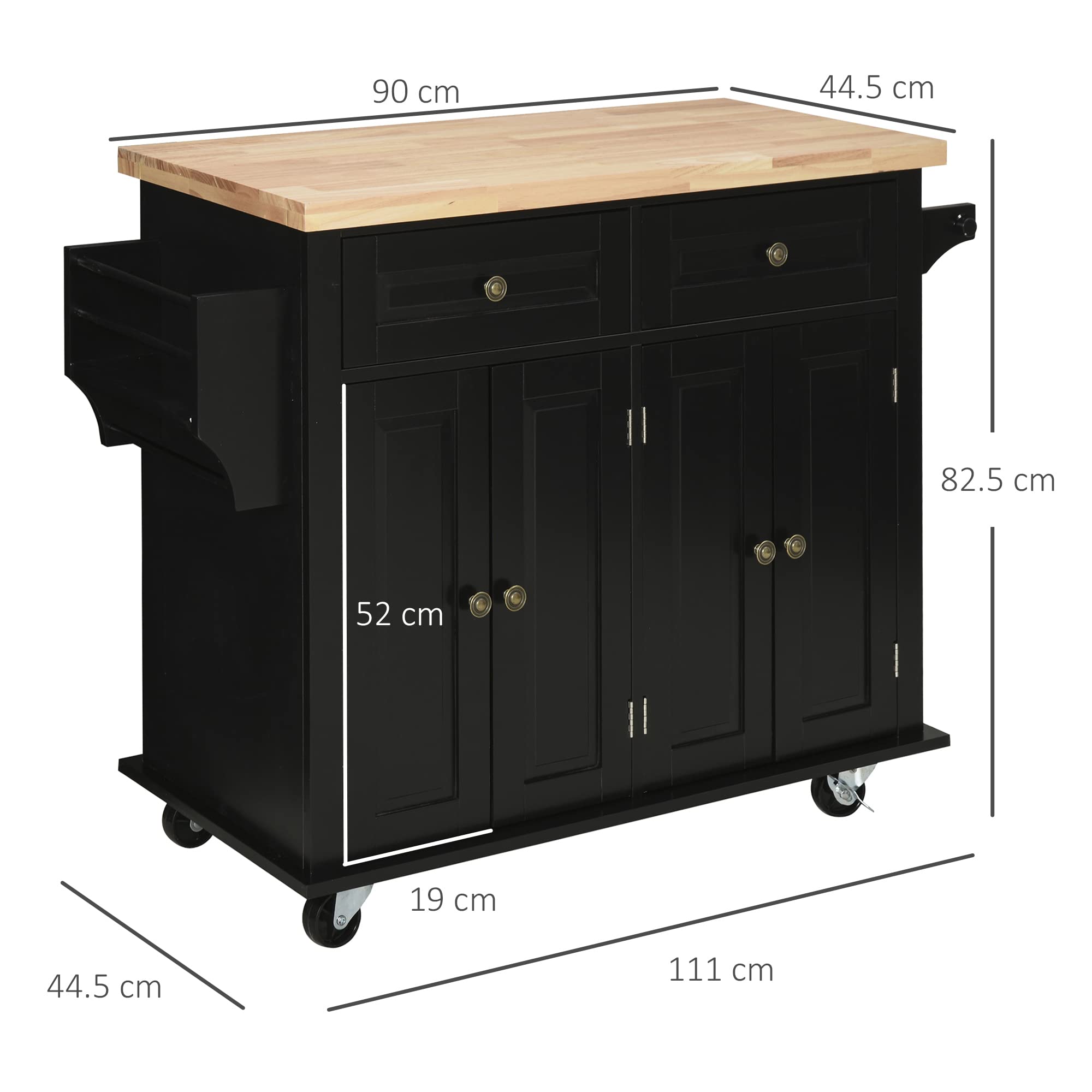 HOMCOM Black Kitchen Island Cart with 2 Drawers & 2 Cabinets, Wooden Top, Spice Rack & Tea Towel Holder - Perfect for Small Kitchens, Dining Rooms & Home Organization Storage