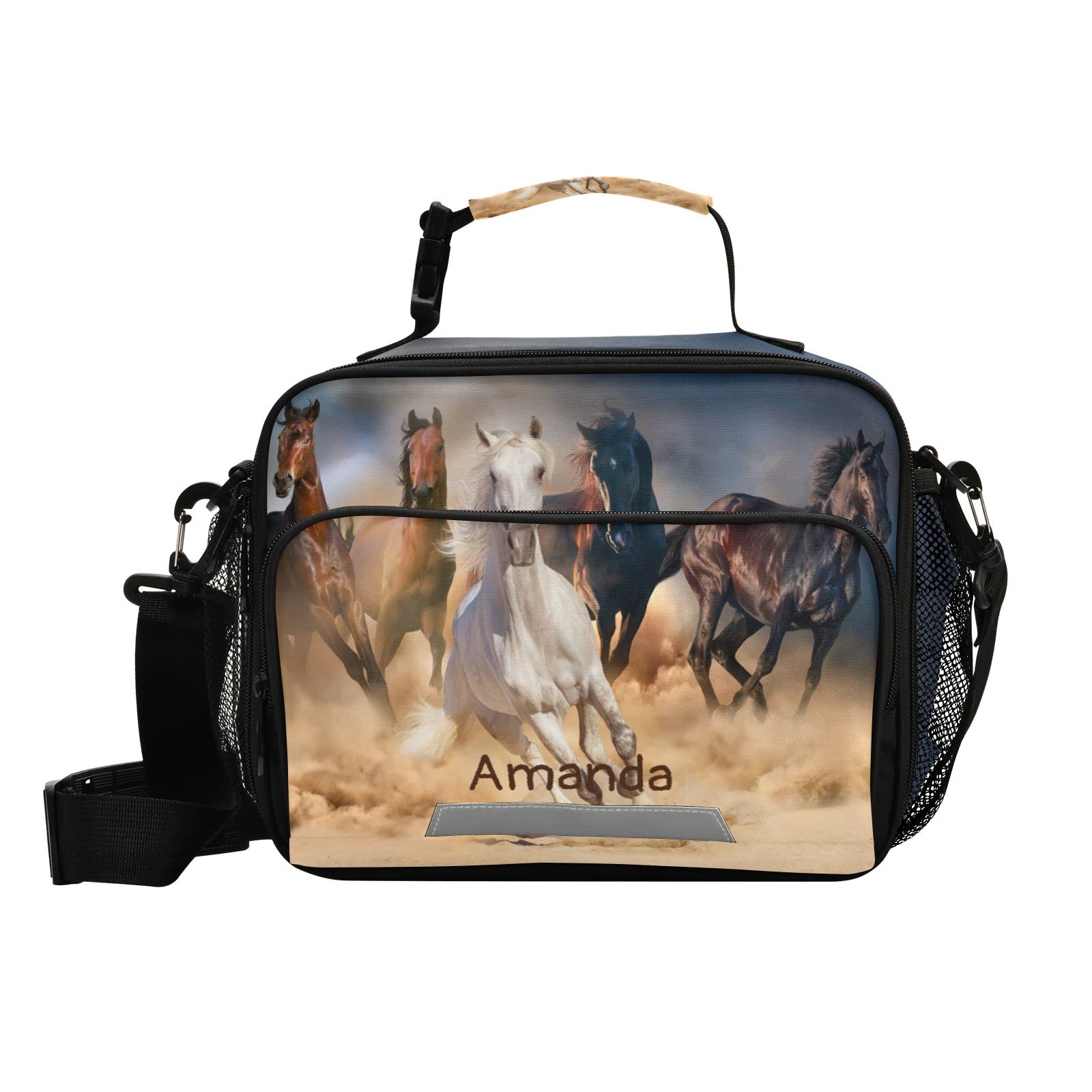 Personalized Horse Lunch Box with Name - Insulated Cooler Bag for Kids, Girls & Boys - Reusable Animal Print Lunch Tote & Shoulder Bag for School, Work, Picnic & Outdoor Activities