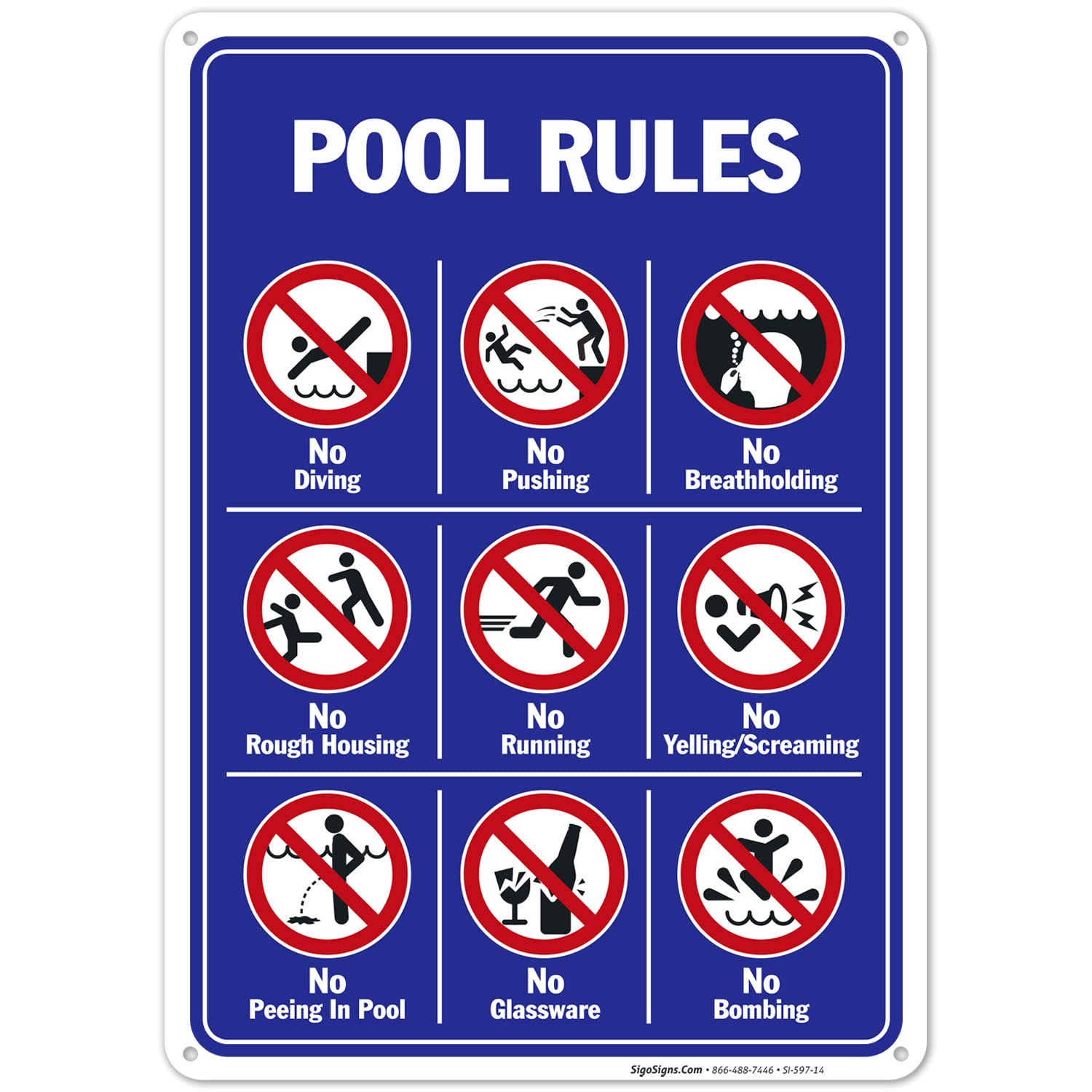 Pool Rules Sign by Sigo - No Diving, No Pushing, No Running, No Peeing in Pool - 10x14 Inches, 55 mil Thick HDPS (High Density Polystyrene), Made in USA - Perfect for Public Pools, Water Parks & Backyard Swimming Pools