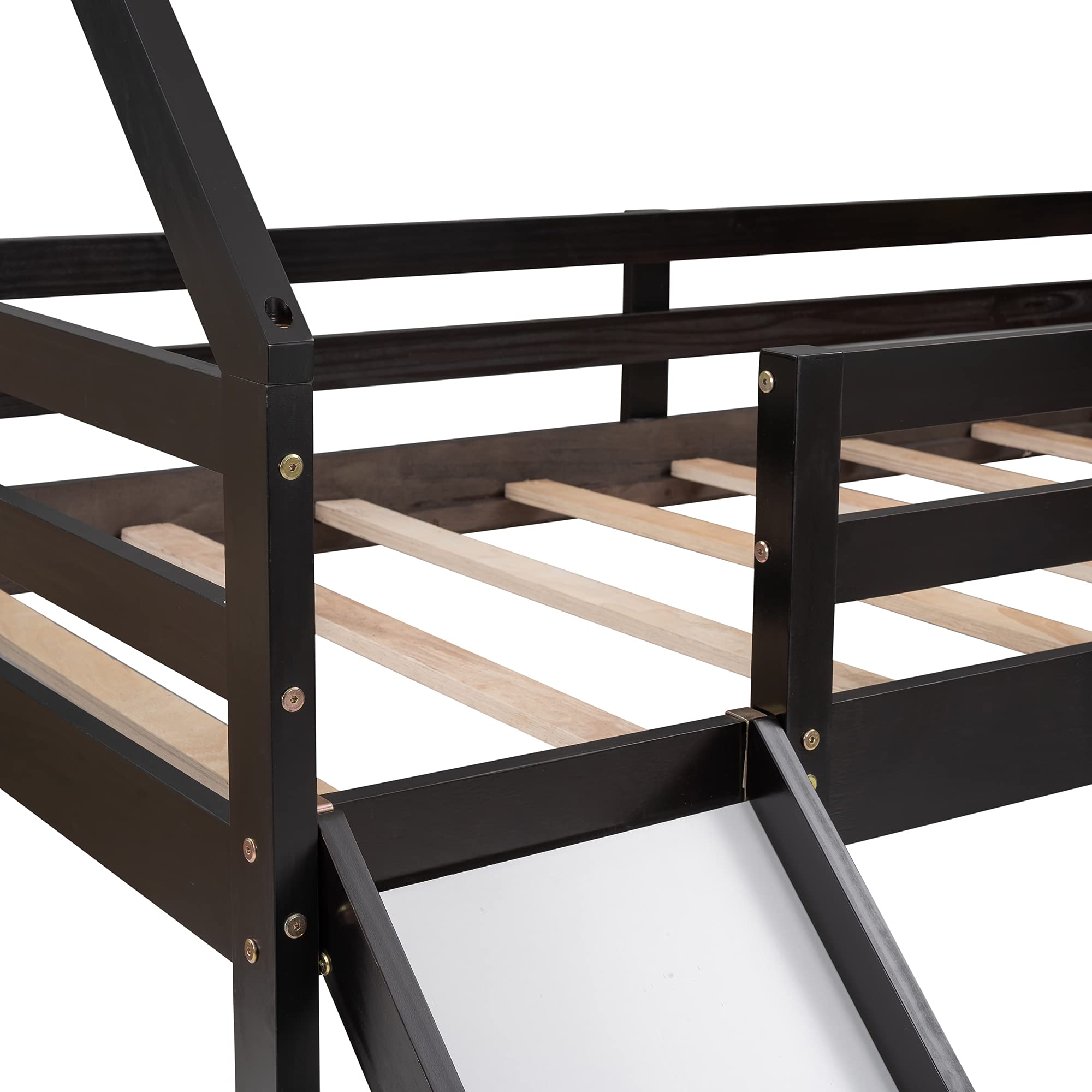Twin Size Loft Bed with Slide - Wooden Space-Saving House Bed Frame for Kids, Play Tent Bed with Roof & Ladder, No Box Spring Needed (Espresso) - Perfect for Small Bedrooms, Playrooms & Kids' Sleepovers