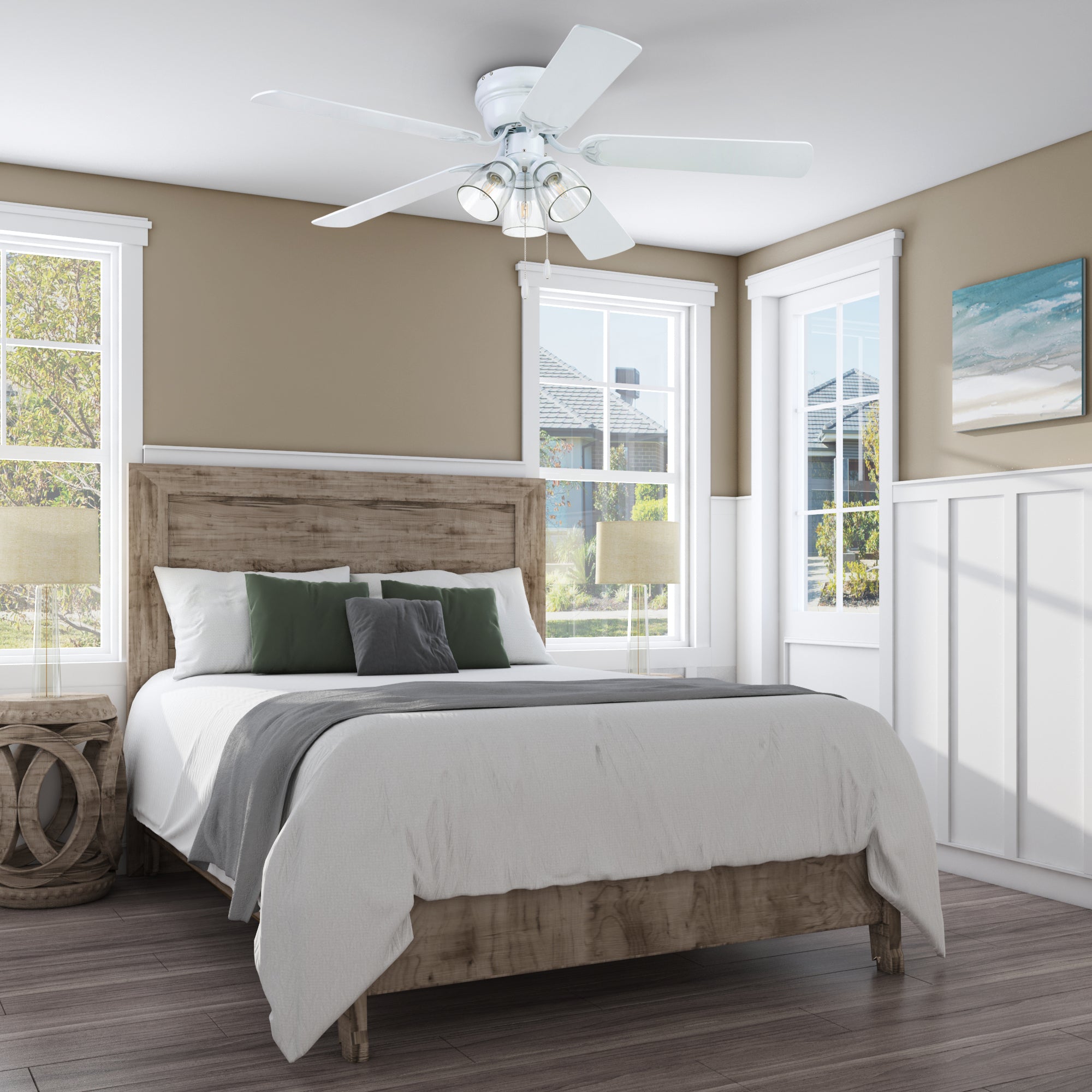 52 Inch White Renton Ceiling Fan with Pull Chain - Perfect for Living Rooms, Bedrooms, and Outdoor Spaces