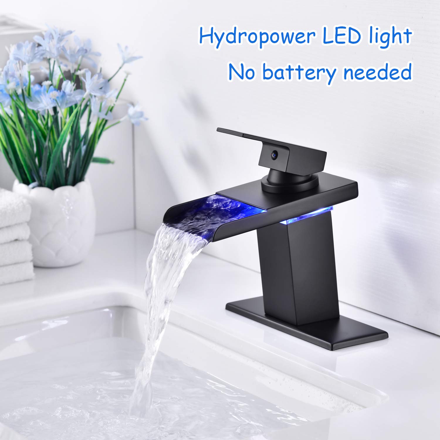 Mekoly Matte Black LED Bathroom Sink Faucet - 3 Color Changing Waterfall Single Handle Deck Mounted Hot & Cold Water Mixer Tap for Modern Bathroom Vanity and Spa Style Sink Upgrade