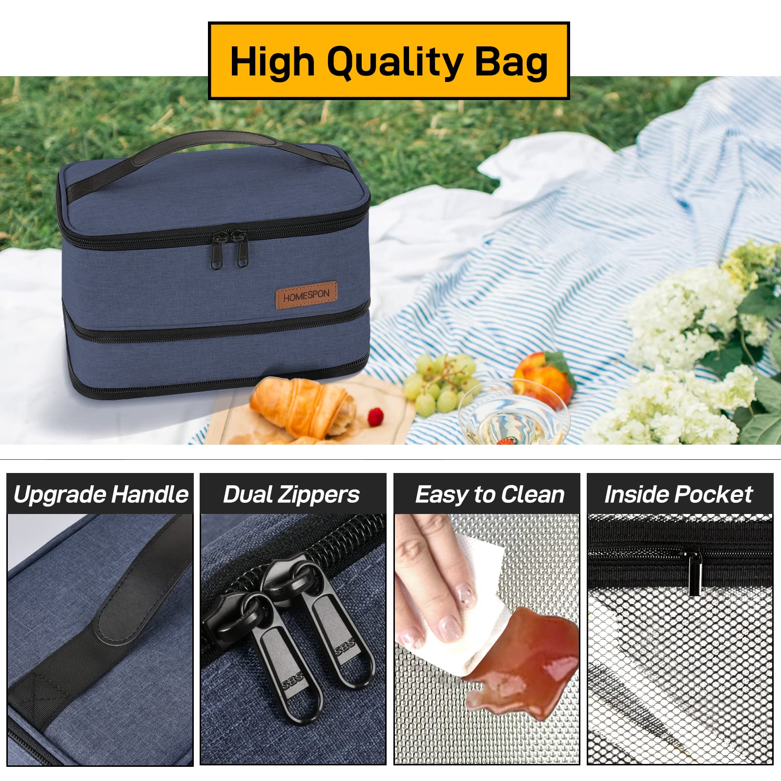 HOMESPON Insulated Expandable Lunch Bag for Men & Women - Leakproof Lunch Box with Handle for Work, School, Picnics & Travel - Perfect for Office, Outdoor Activities & Daily Commute (Blue)