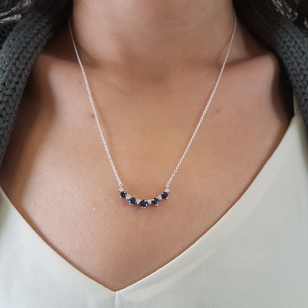 10K Solid White Gold Round Blue Sapphire & Diamond Women's Necklace - Elegant Silver Chain Jewelry for Weddings, Parties & Special Occasions