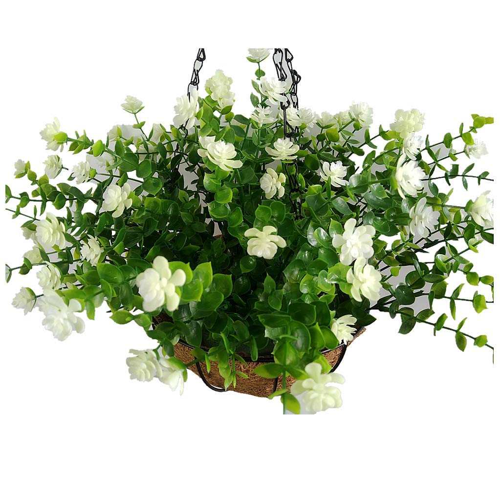 Realistic Artificial Lysimachia Christinae Faux Flowers in Metal Hanging Basket - 9.85 Inch White Blooms for Home Decor, Wedding Centerpieces & Outdoor Patio Decorations