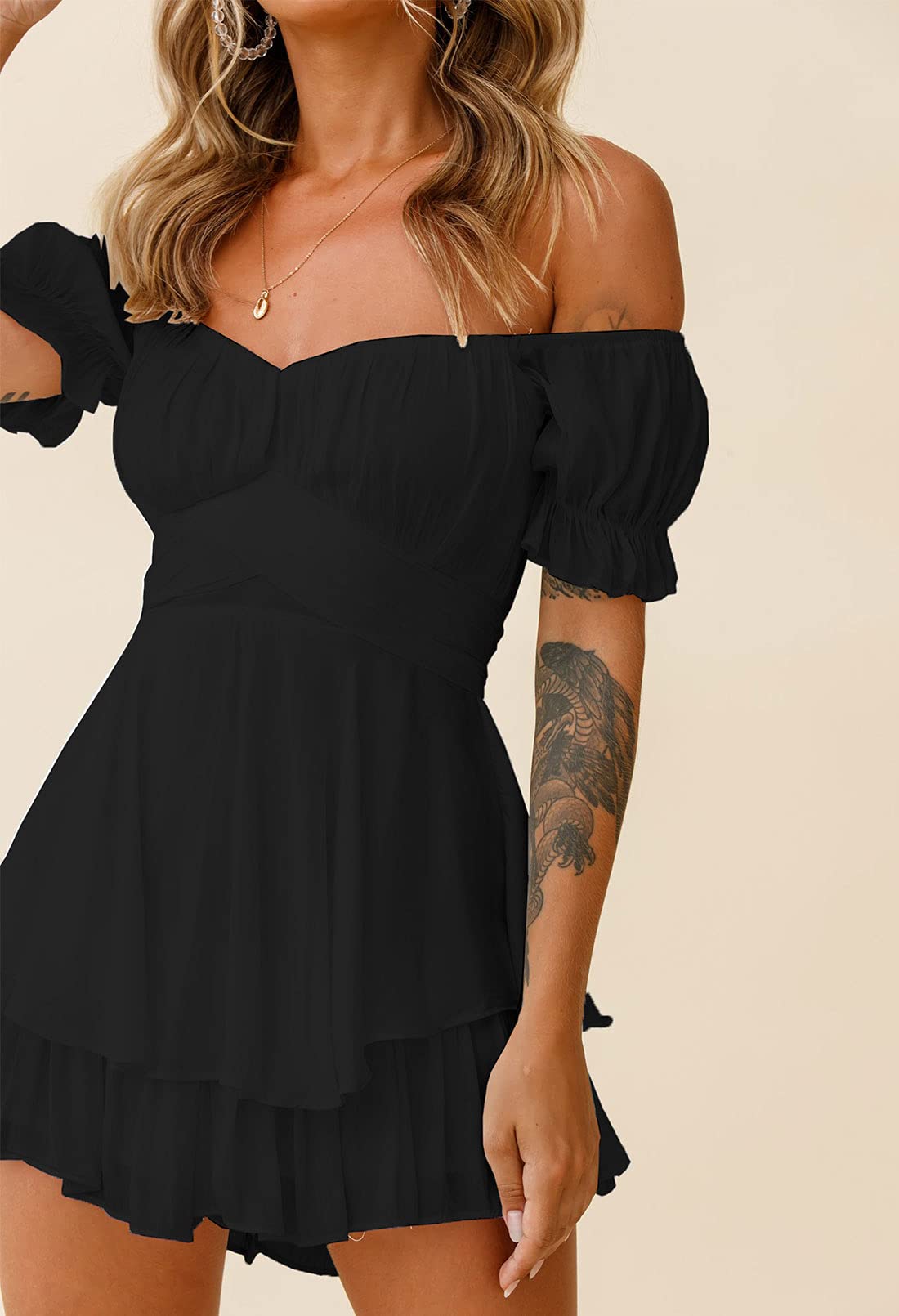 Fixmatti Women's Boho Off Shoulder Romper - Ruffle Chiffon Short Jumpsuit Playsuit for Summer Beach Vacation & Music Festival Outfits