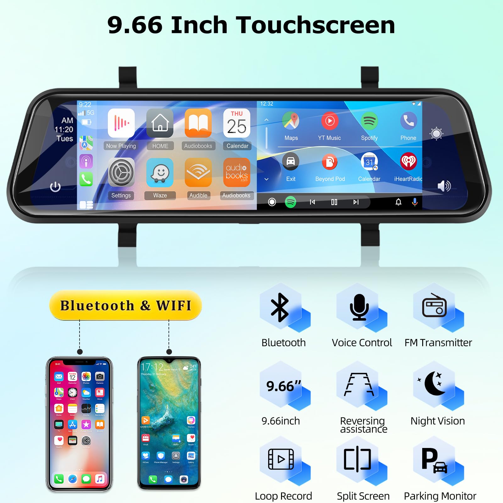 9.66 Inch Wireless Rear View Mirror Camera with Apple CarPlay & Android Auto - 1280x720P Front & 1080P Rear Dual Dash Cam - Night Vision, Voice Control, Backup Camera + 64GB TF Card - Perfect for Cars, Trucks & SUVs